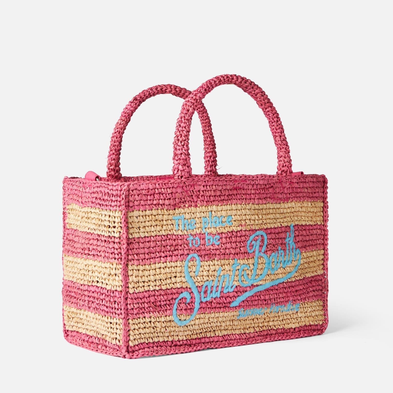 Shop Mc2 Saint Barth Colette Raffia Handbag With White And Pink Stripes