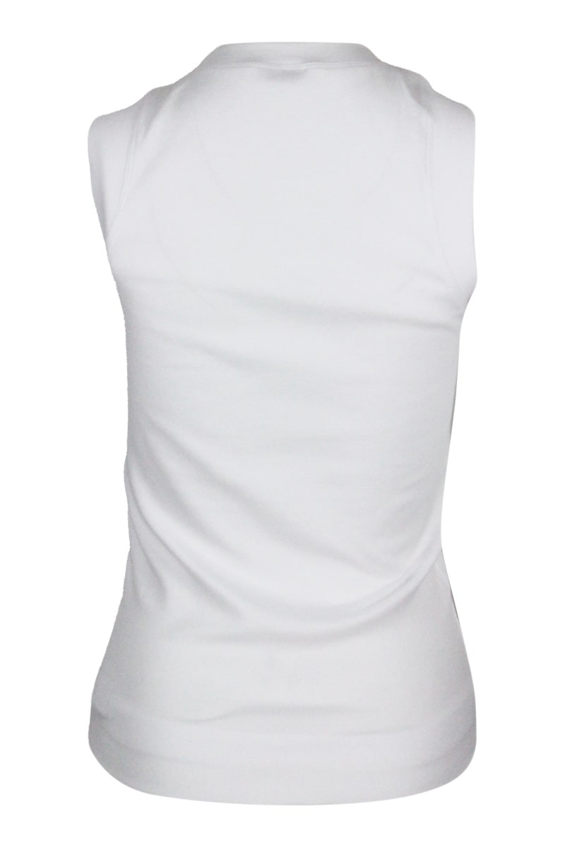 Shop Brunello Cucinelli Tank Top T-shirt In Ribbed Stretch Cotton With V-neck And Monili In White
