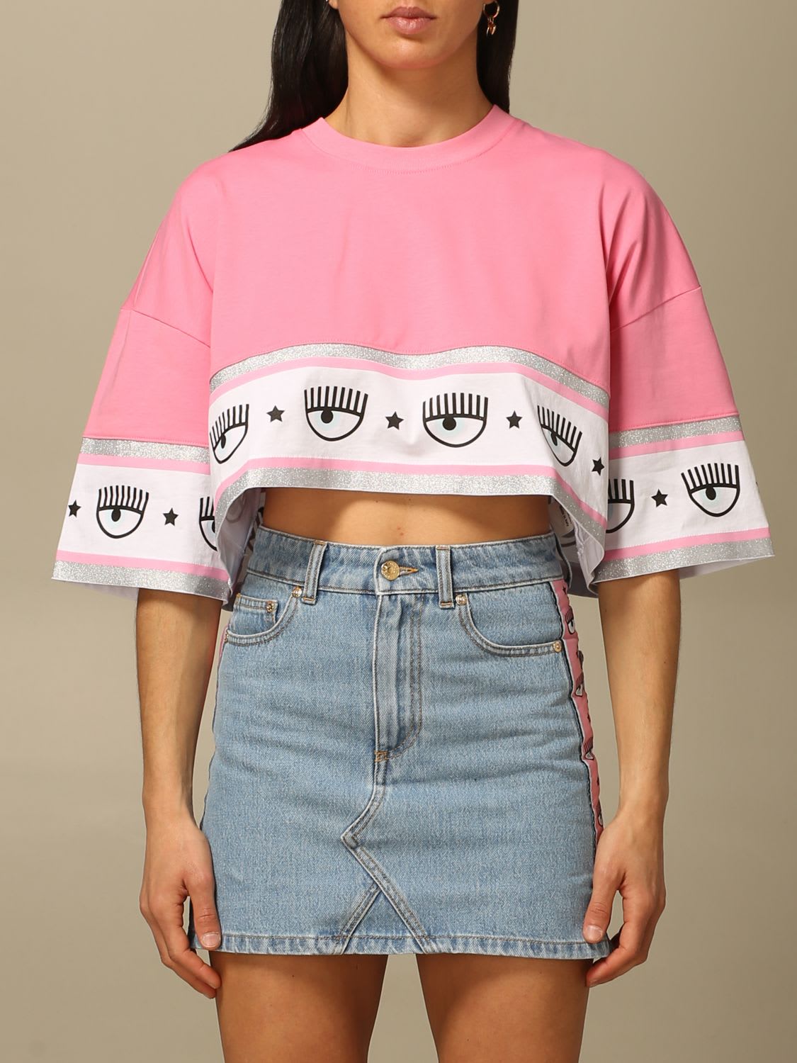 Chiara Ferragni Cropped T-shirt With Eyes Flirting Band In Pink