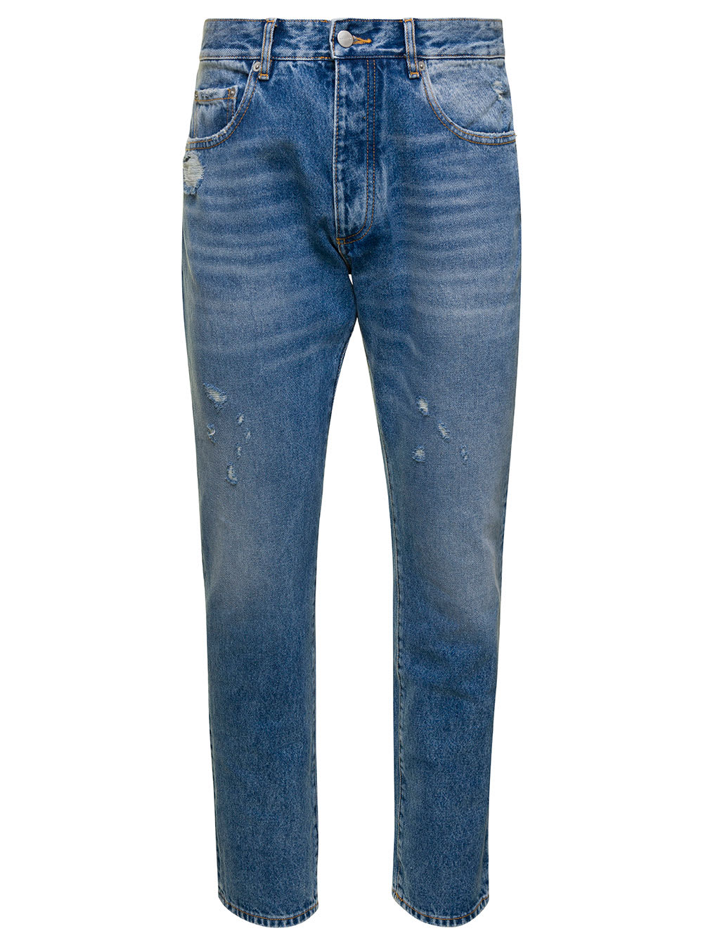 kanye Blue Five-pocket Jeans With Logo Patch In Cotton Denim Man
