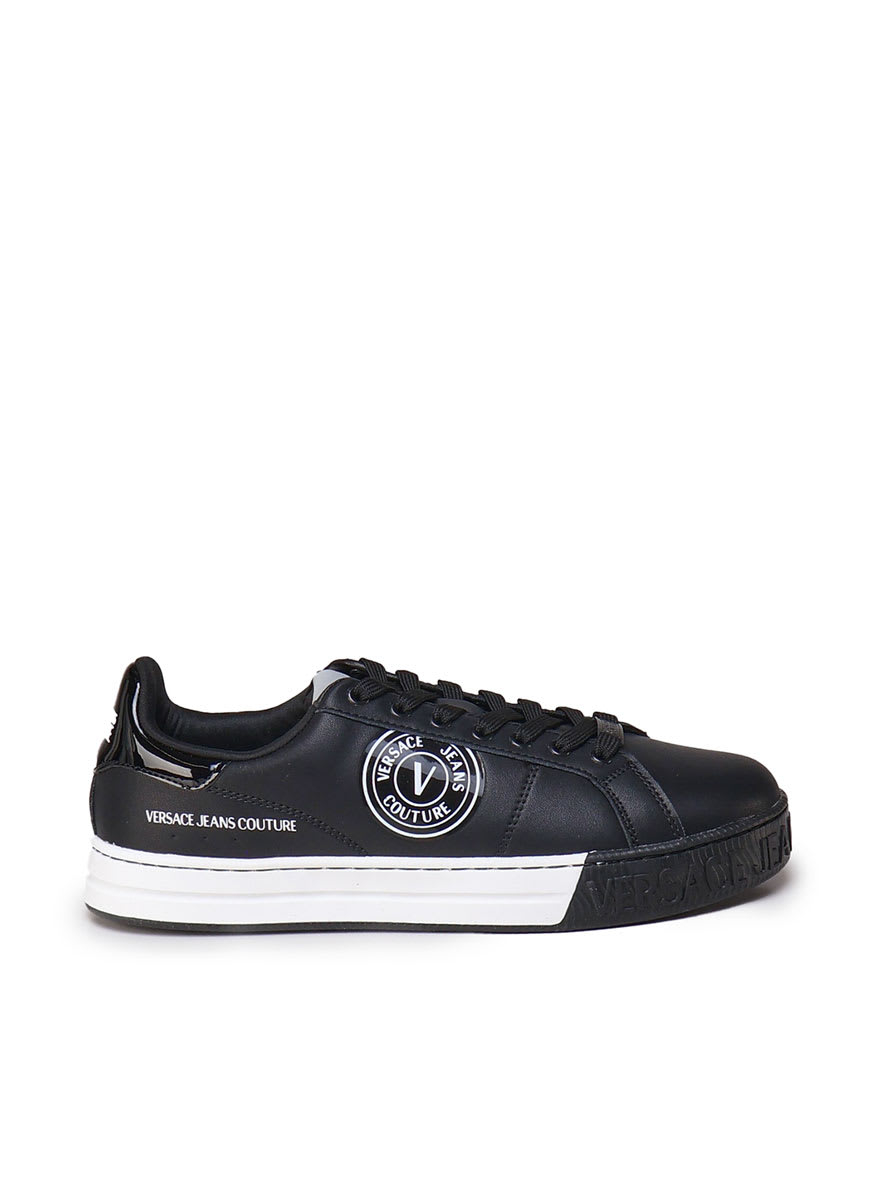 Shop Versace Jeans Couture Leather Sneakers With Contrasting Logo In Black