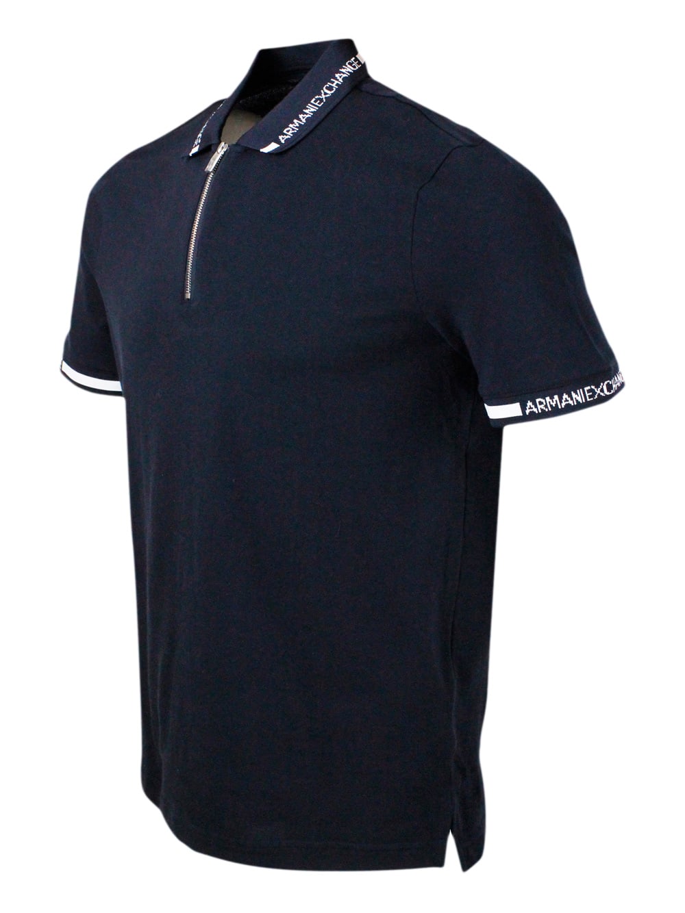 Shop Armani Collezioni Hort-sleeved Pique Cotton Polo Shirt With Zip Closure And Writing On The Collar In Blue