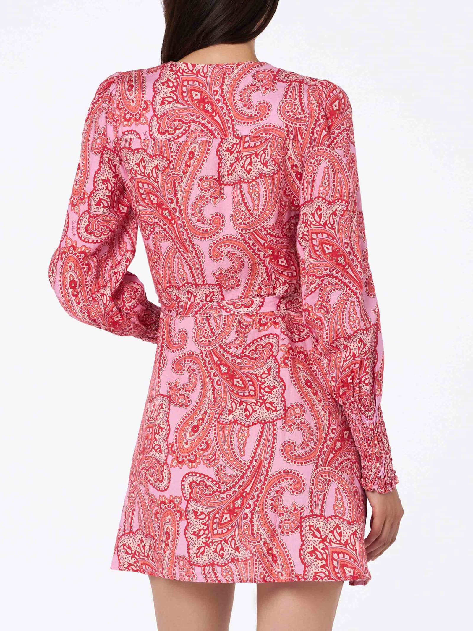 Shop Mc2 Saint Barth Linen Short Wrap Dress Brilly With Paisley Print In Pink