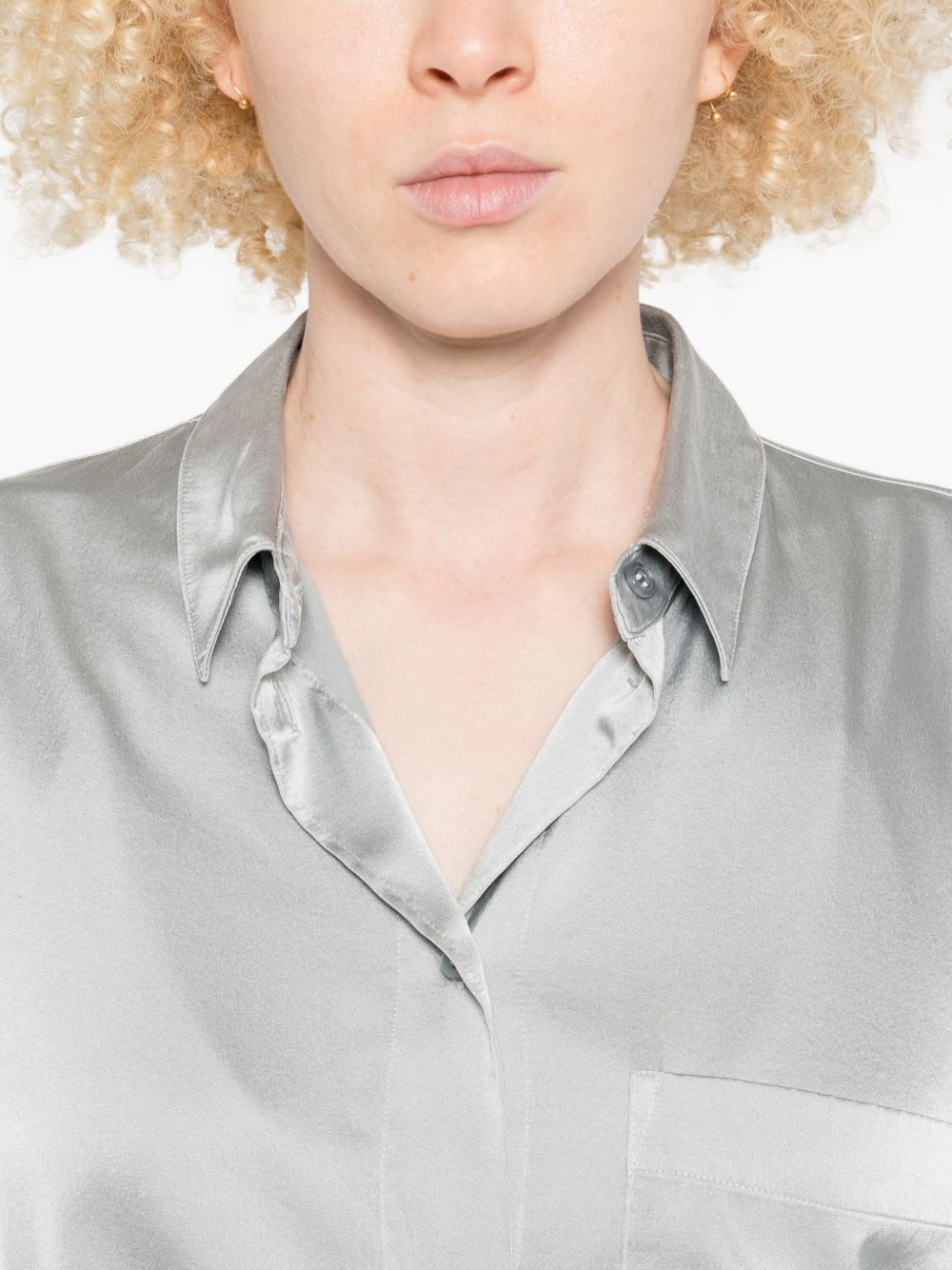 Forte Forte Long Sleeve Satin Top Featuring Pocket In Gray