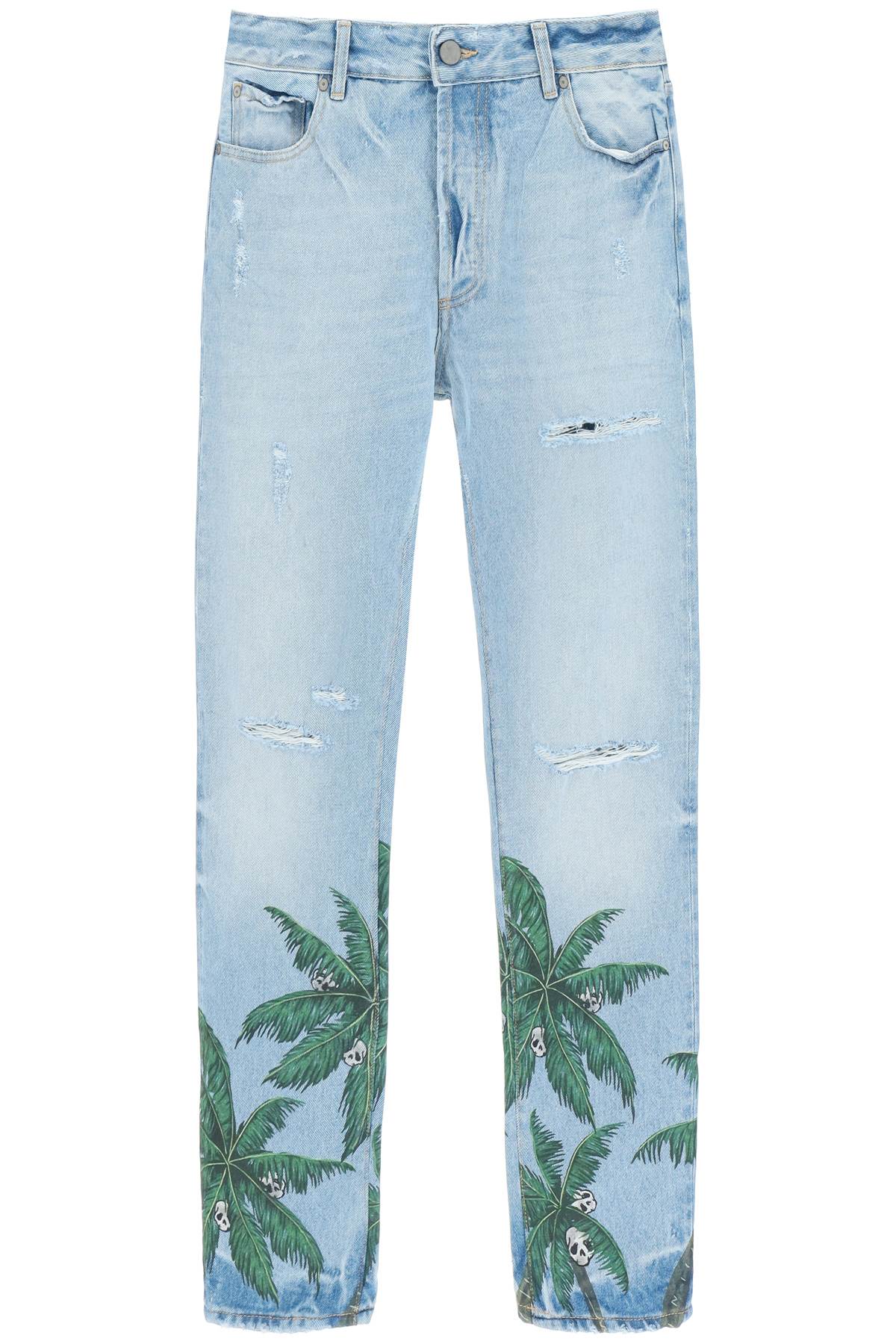Palm Angels Palm Tree Print Regular Fit Jeans In Distressed Denim