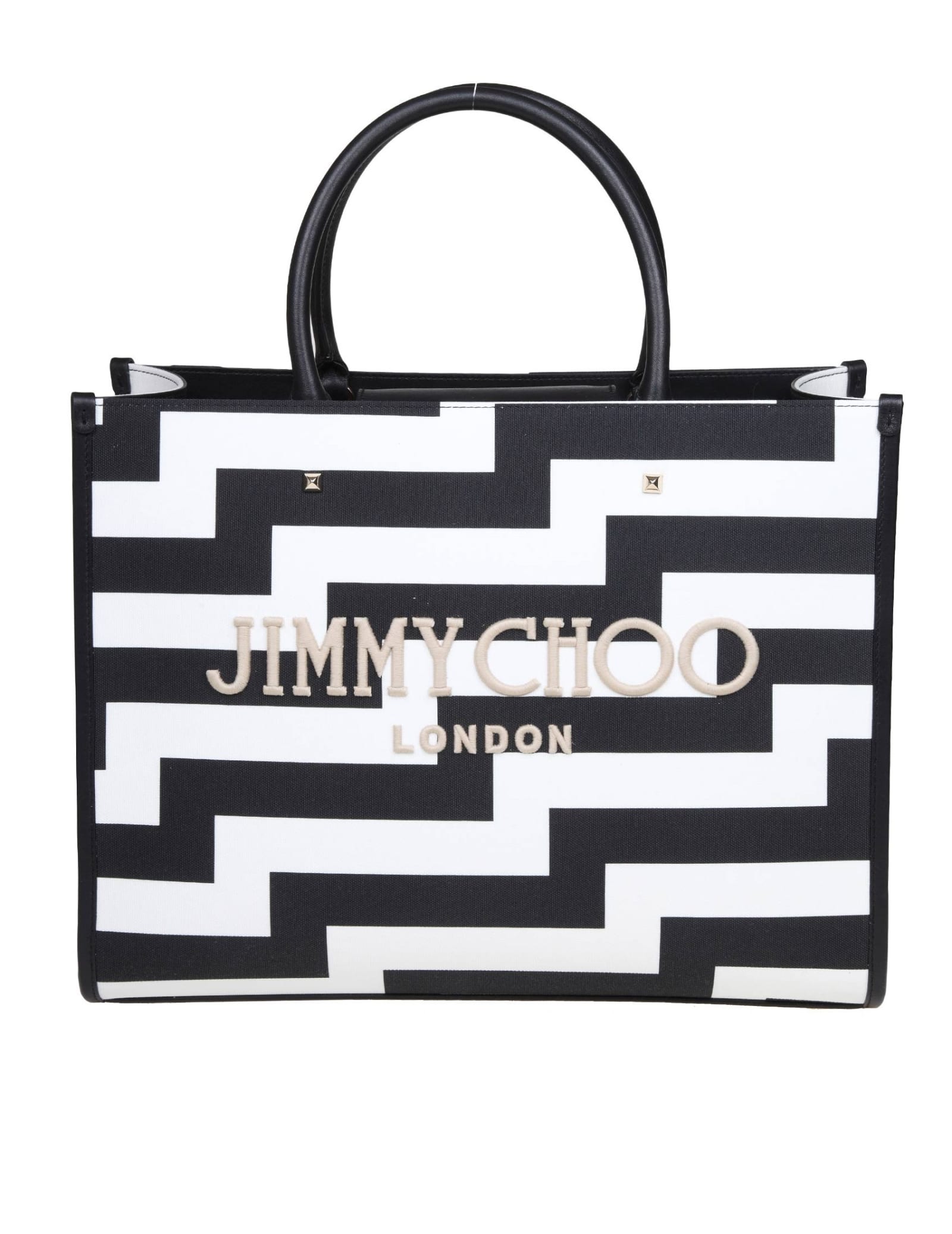 Shop Jimmy Choo Avenue M Black And White Canvas And Leather Tote In Black/white