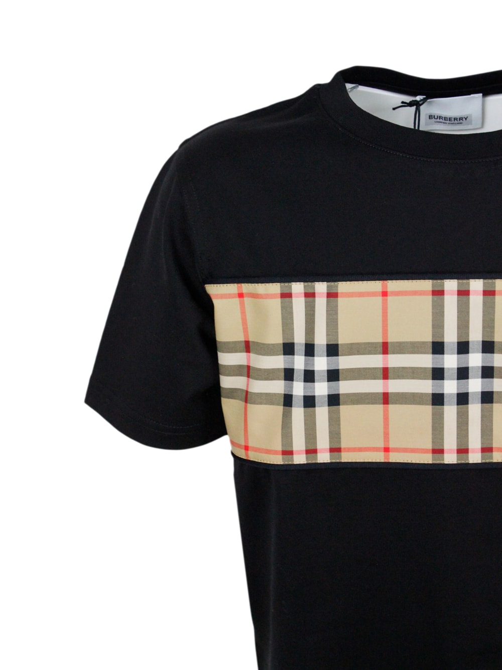Shop Burberry Crew Neck T-shirt In Cotton Jersey With Classic Check Pattern On The Front In Black