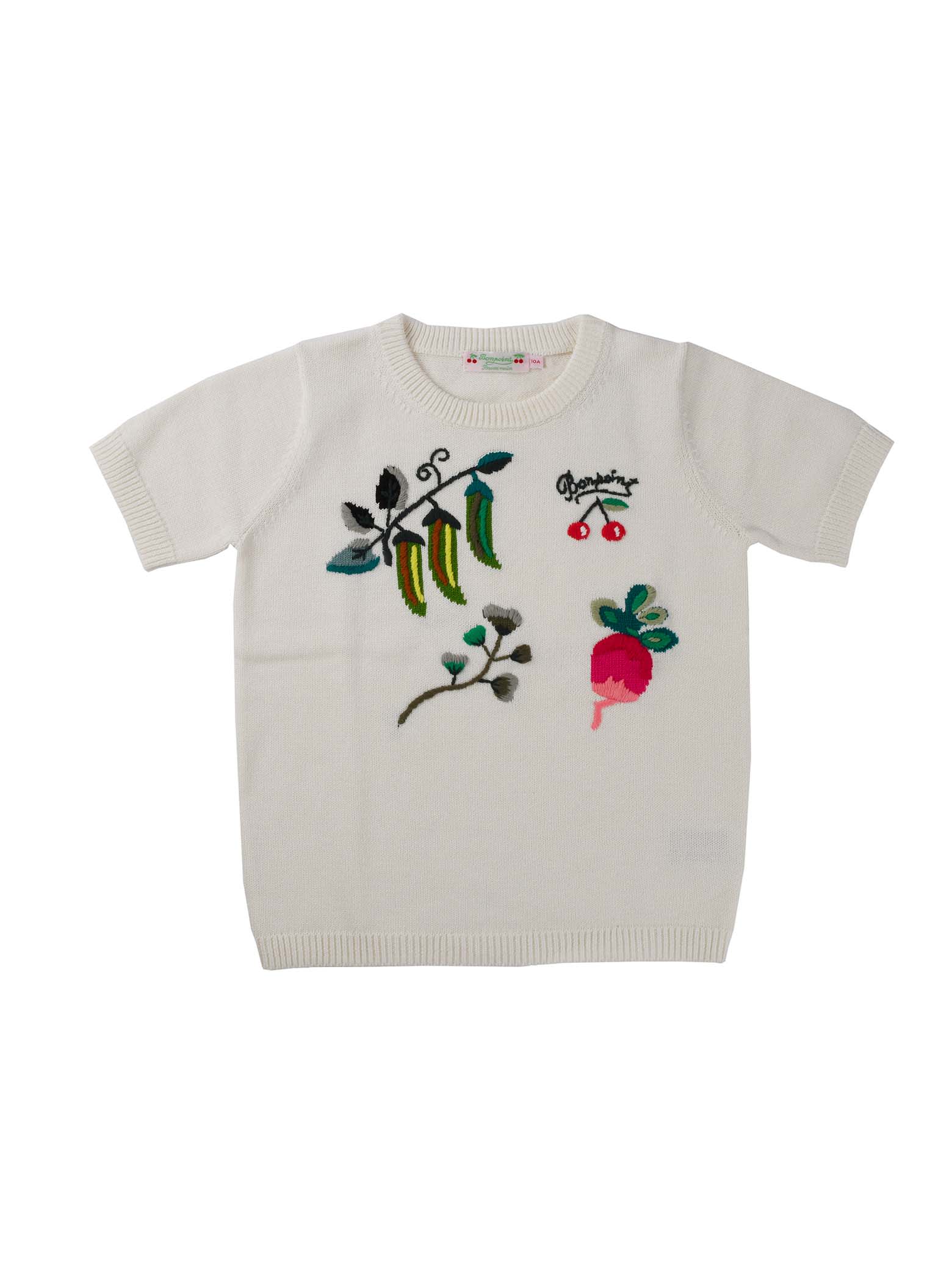 Bonpoint White Short Sleeve Sweater With Embroidery