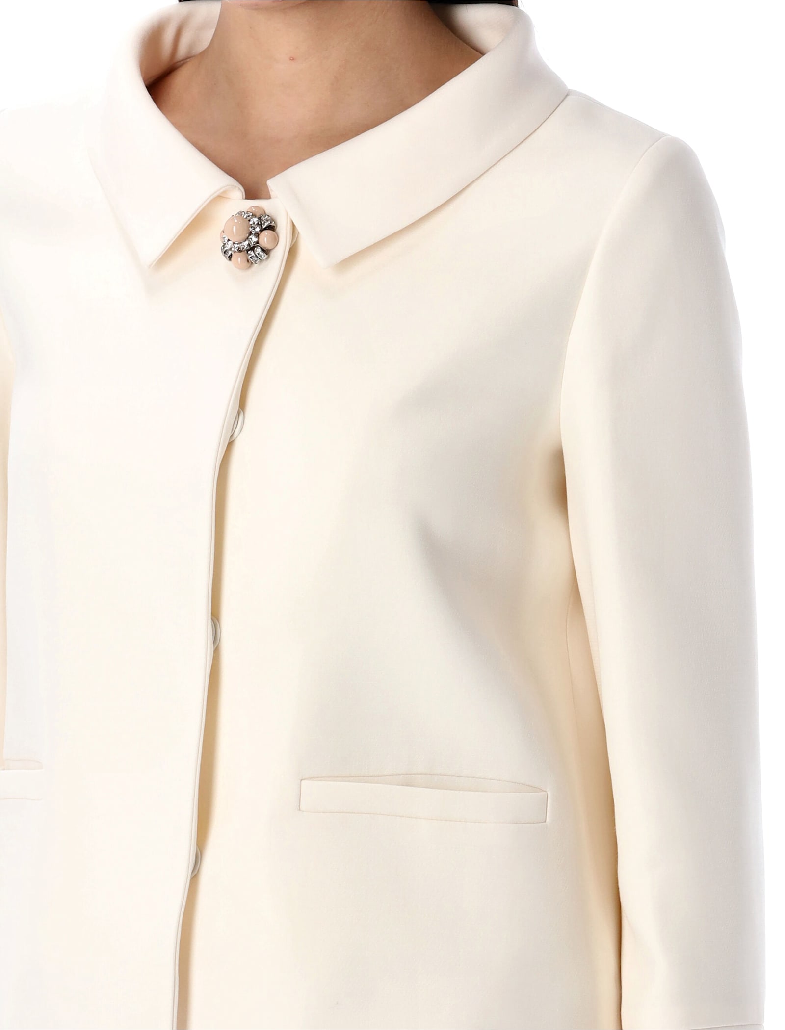 Valentino Garavani White Jacket With Spread Collar And Front Jewel Button In Wool And Silk Woman In Avorio