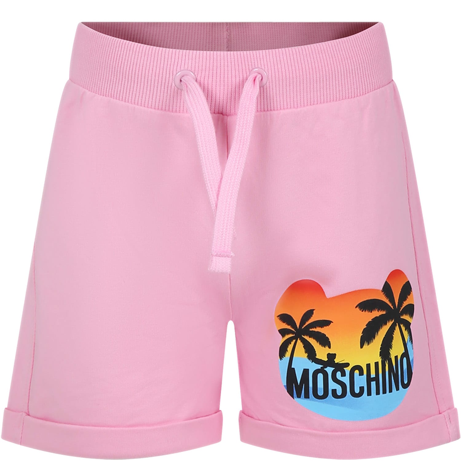 Moschino Kids' Pink Shorts For Girl With Multicolor Print And Logo