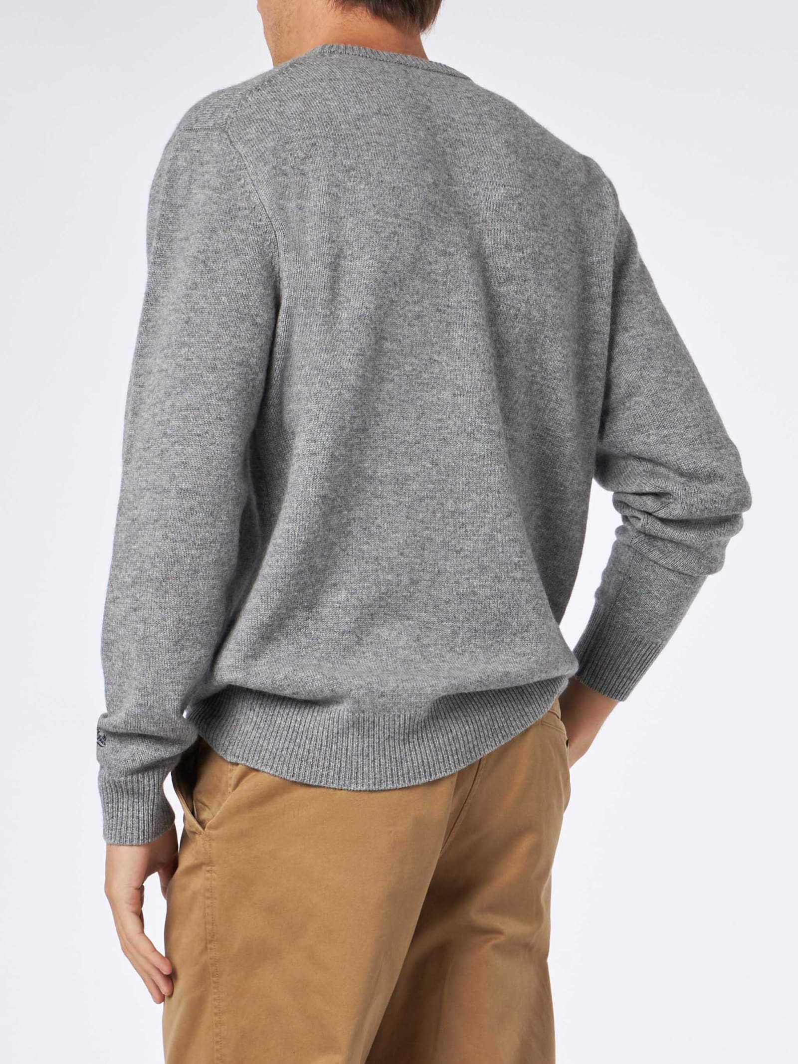 Mc2 Saint Barth Man Crewneck Sweater With Bombardino Ski Club Embroidery In Grey