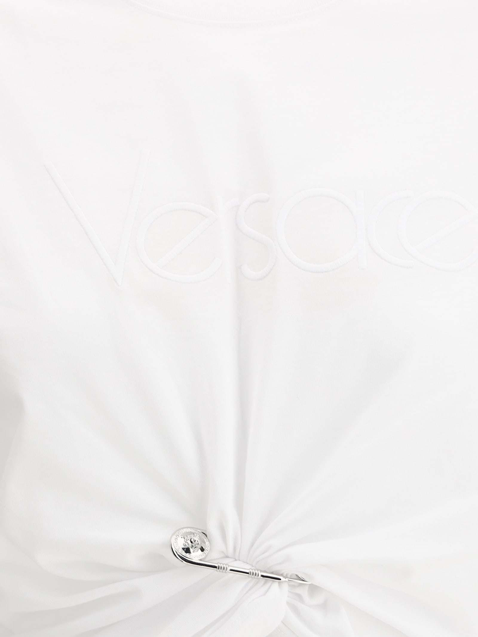 Versace Cropped T-shirt With Twist Detail And Safety Pin Logo In Optical White