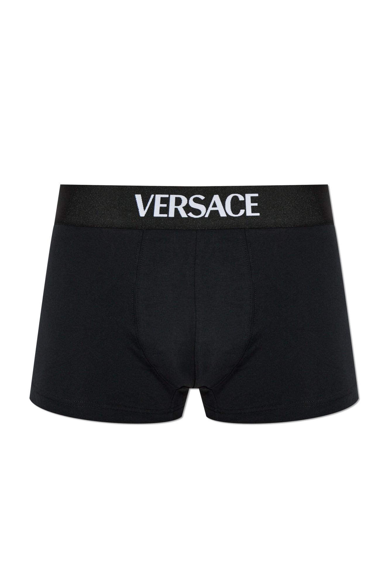Versace Essential Logo Stretch Cotton Boxer Briefs In Black