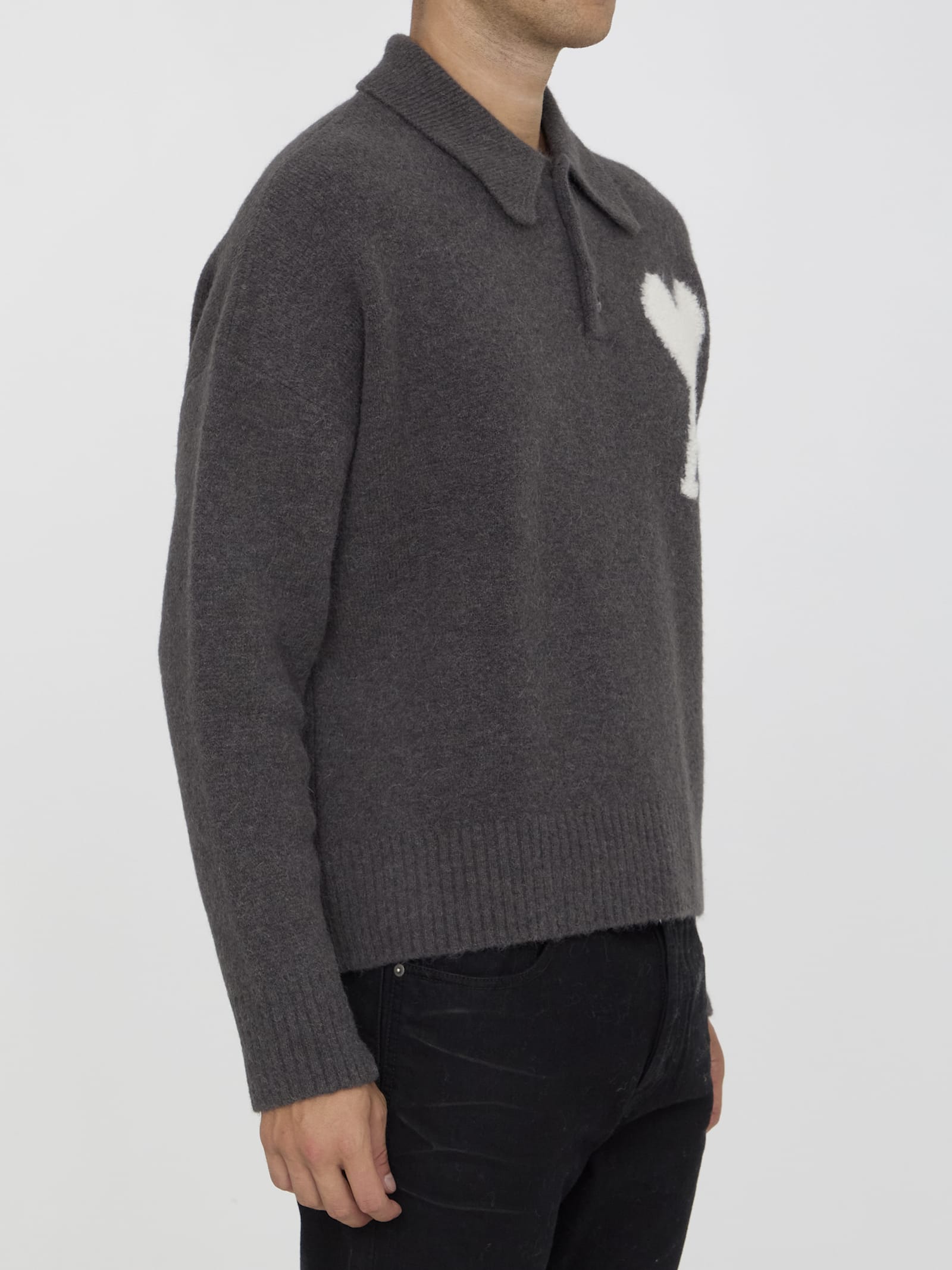 Shop Ami Alexandre Mattiussi Ami De Coeur Polo Sweater In Grey