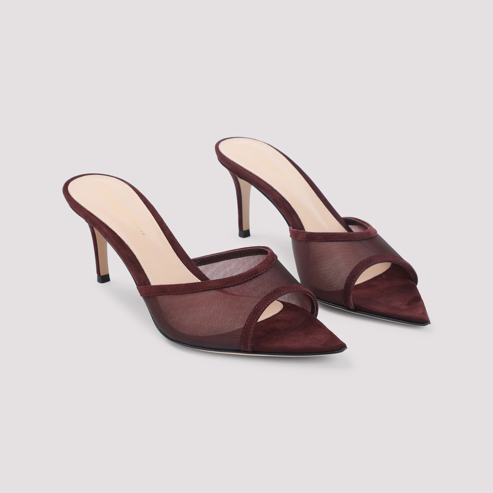 Gianvito Rossi Burgundy Suede Slippers With Transparent Mesh Overlay