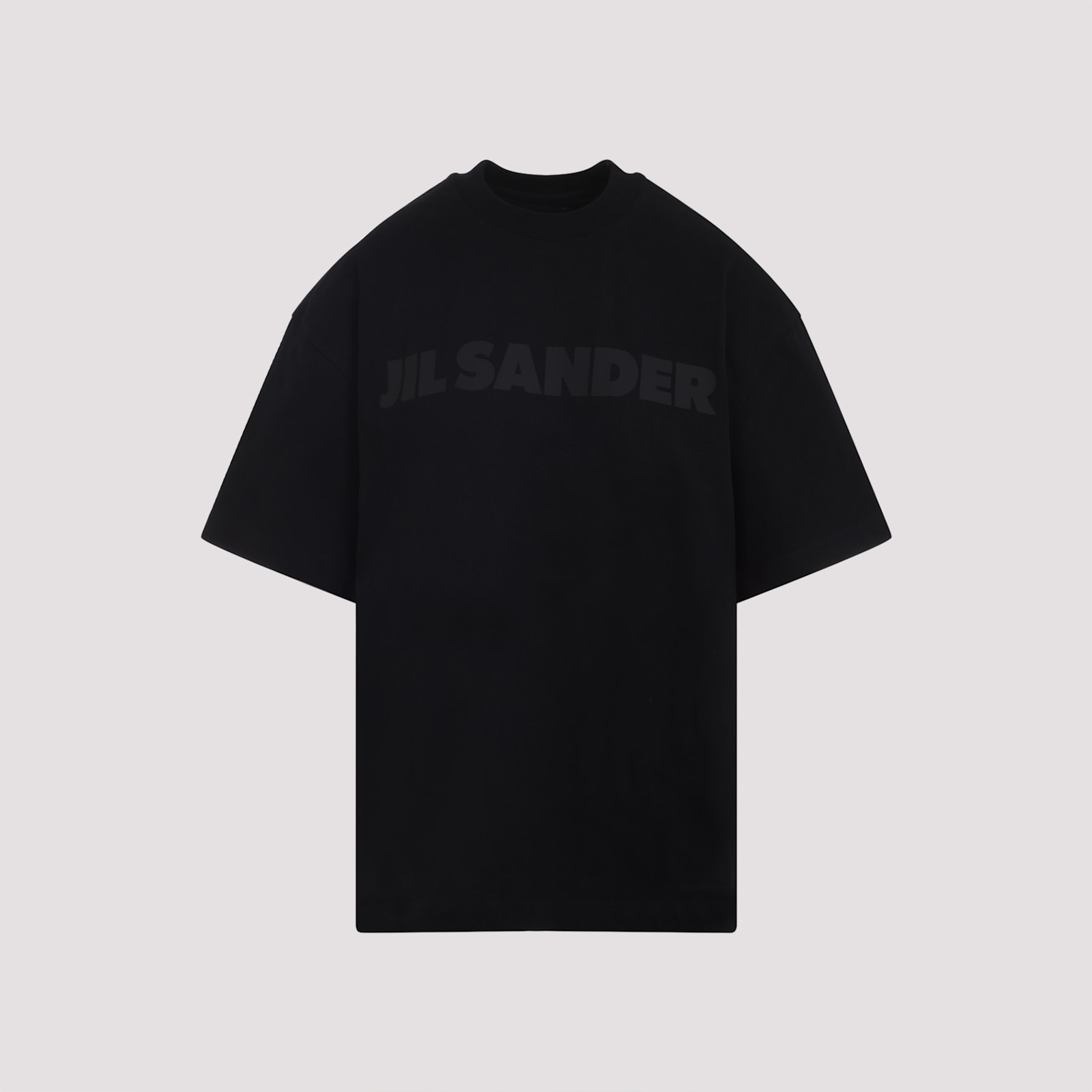 Jil Sander Round Neck Black Cotton T-shirt With Tonal Logo Print In Black