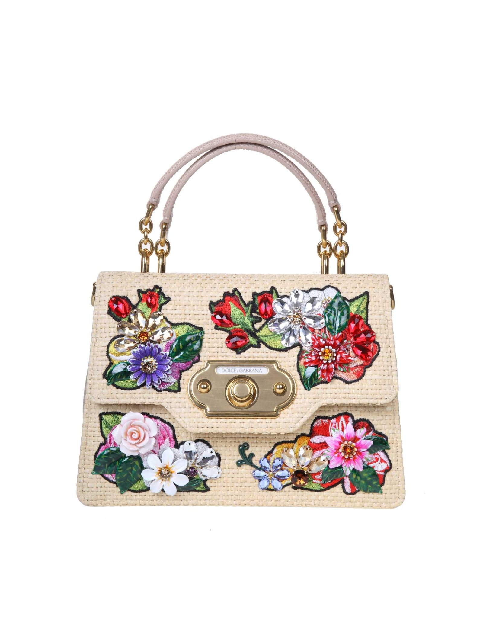 DOLCE & GABBANA WELCOME HANDBAG IN RAFFIA AND LEATHER WITH FLORAL DETAILS,11244811