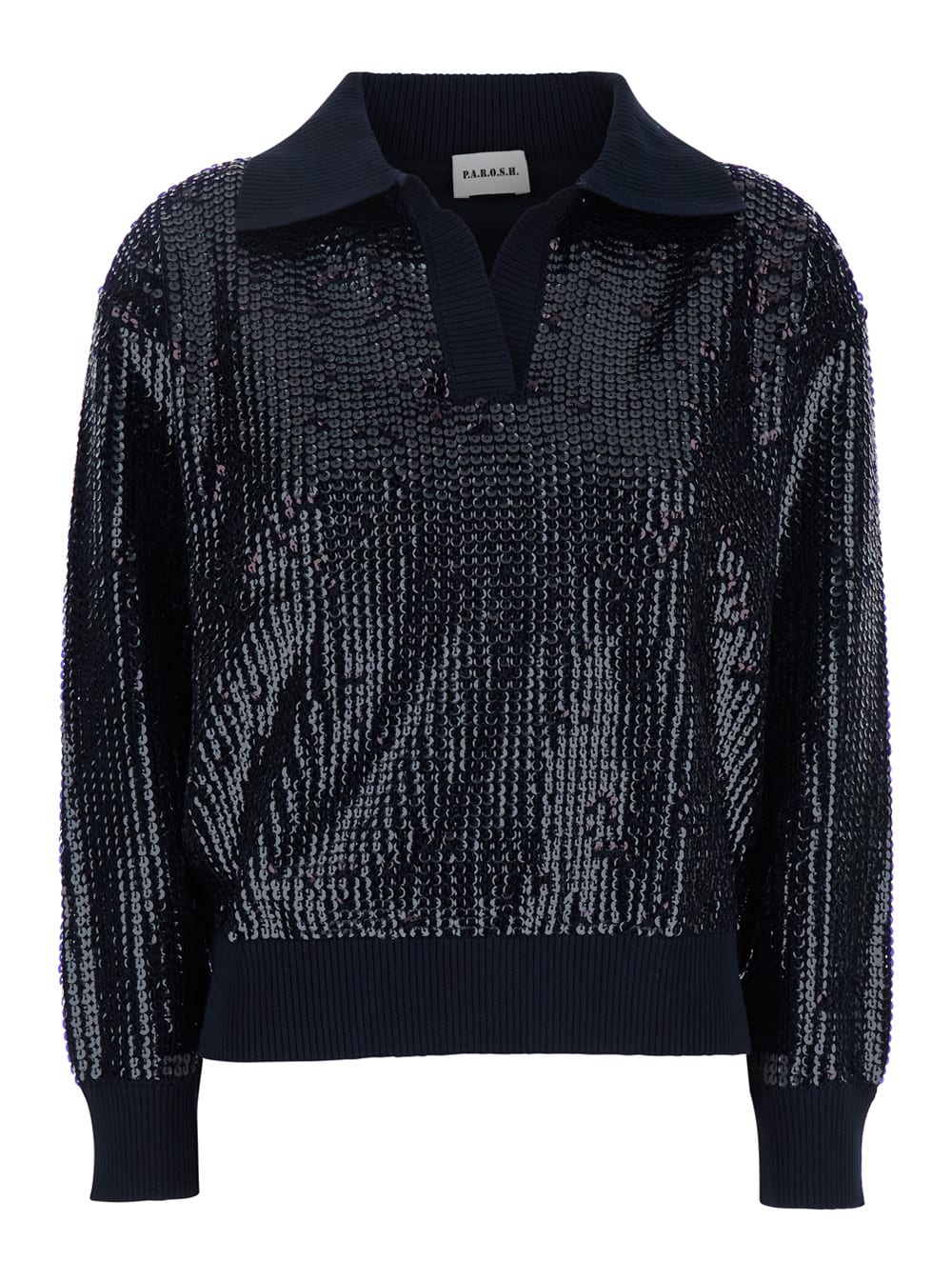 Parosh Blue Sweater With Polo Collar And All-over Applied Sequins In Cotton Woman