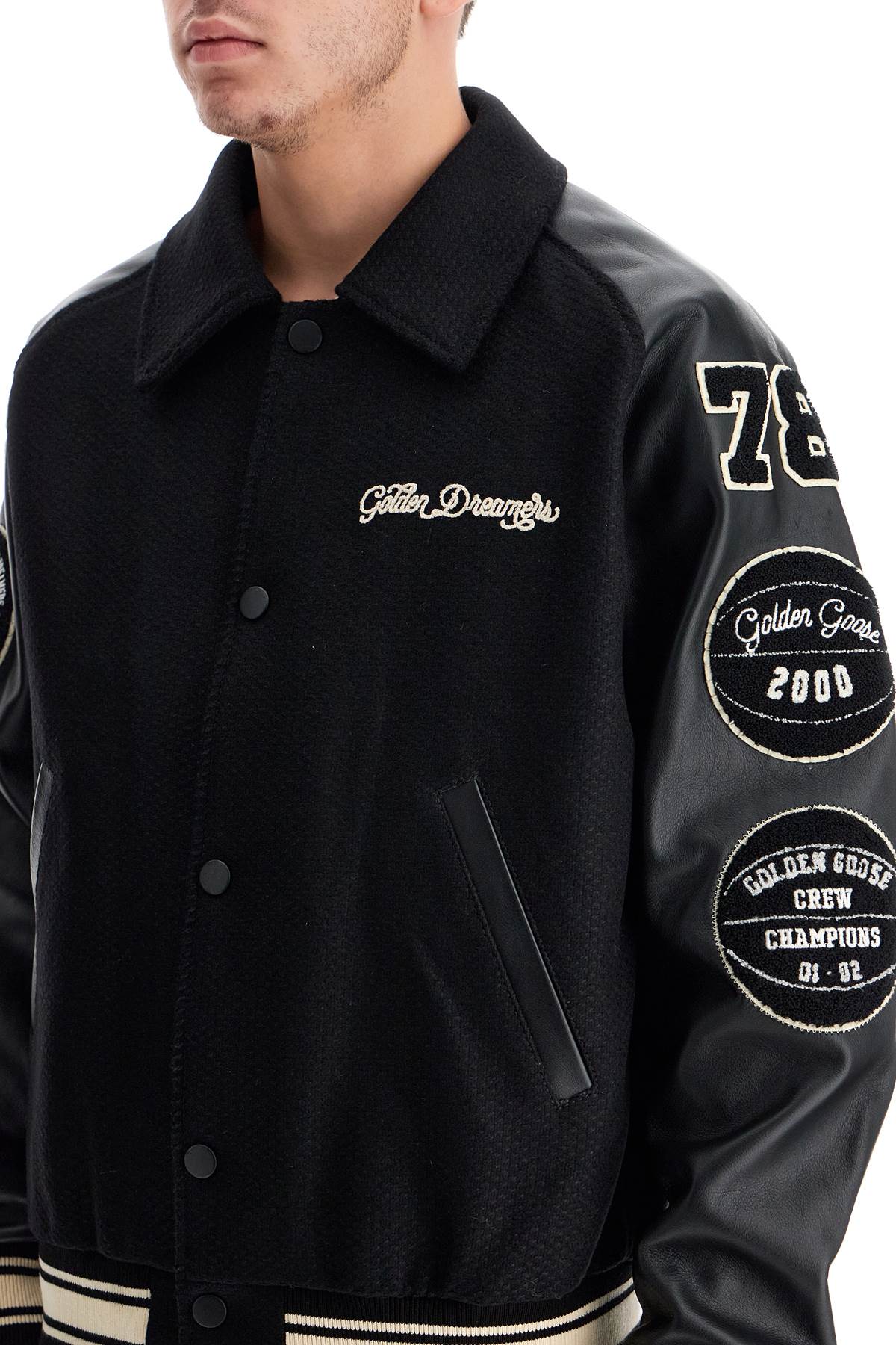 Shop Golden Goose Wool Bomber Jacket With Patch Details In Black/beige (black)