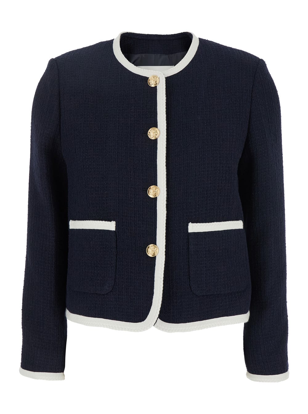 Blue Jacket With Round Neck And Front Jewel Button Cllosure In Cotton Blend Woman