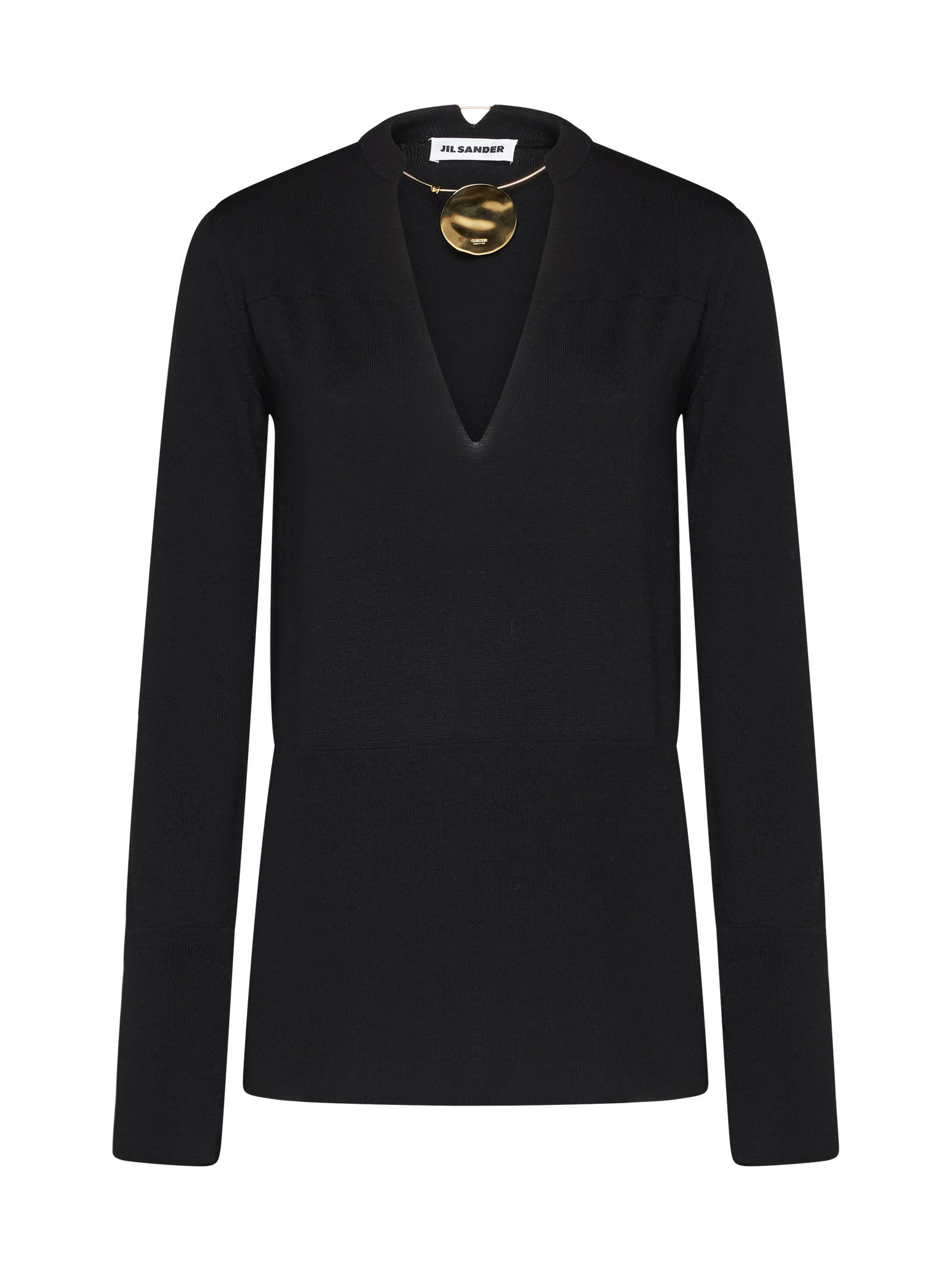 Superfine Merino Crew Neck Long Sleeve Knit With Integrated Jewel Necklace