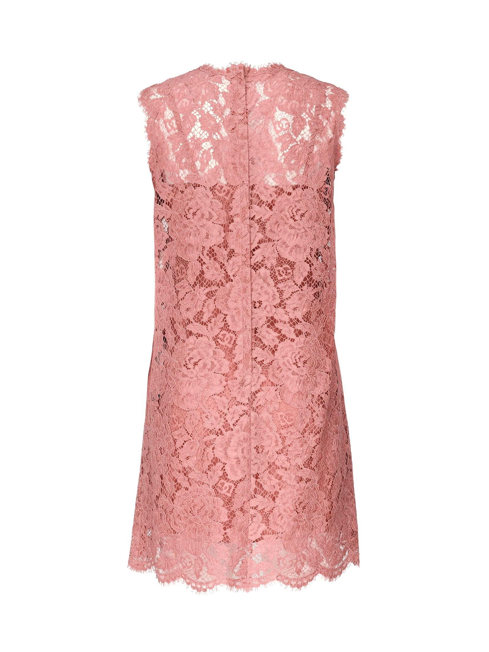 Dolce & Gabbana Floral Lace Overlay Dress With Scalloped Hem In Pink