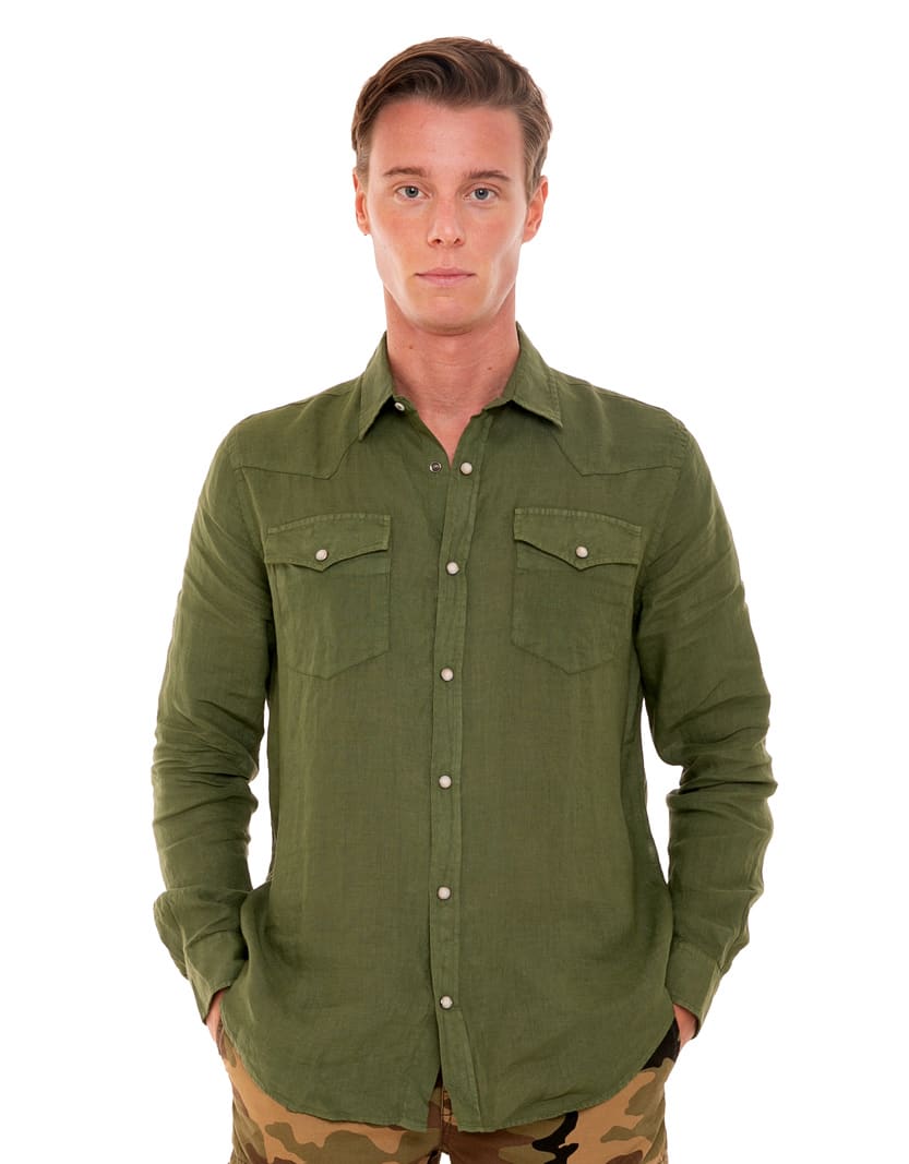 MC2 Saint Barth Texan Style Dark Green Linen Shirt