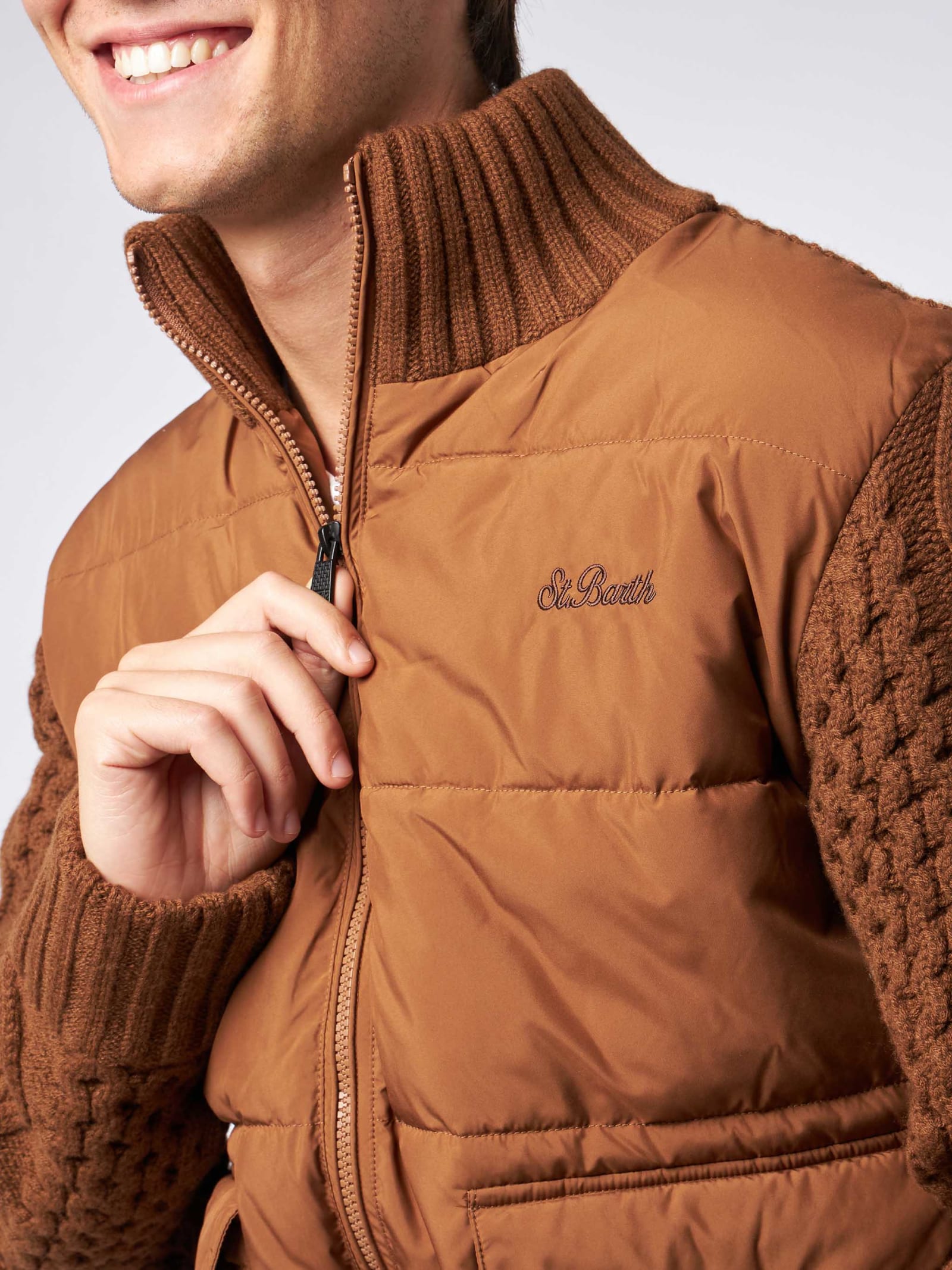 Shop Mc2 Saint Barth Man Brown Padded Jacket With Knitted Sleeves