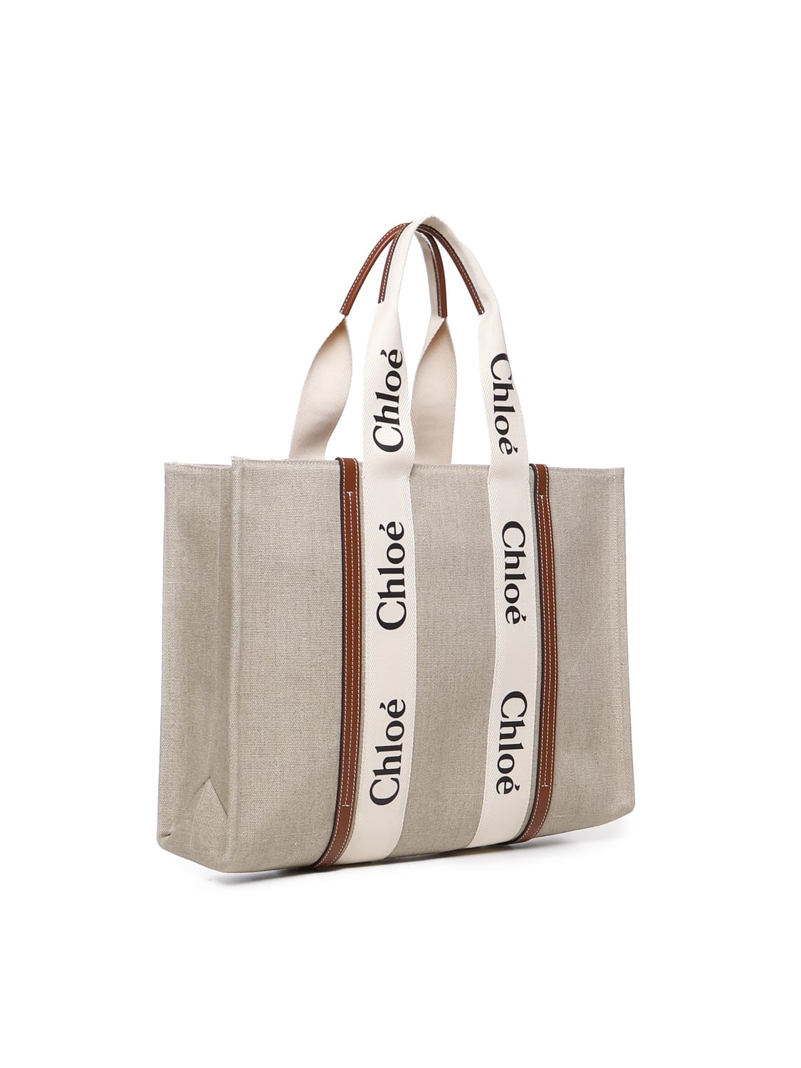 Shop Chloé Large Woody Tote Bag In Linen In White - Brown 1