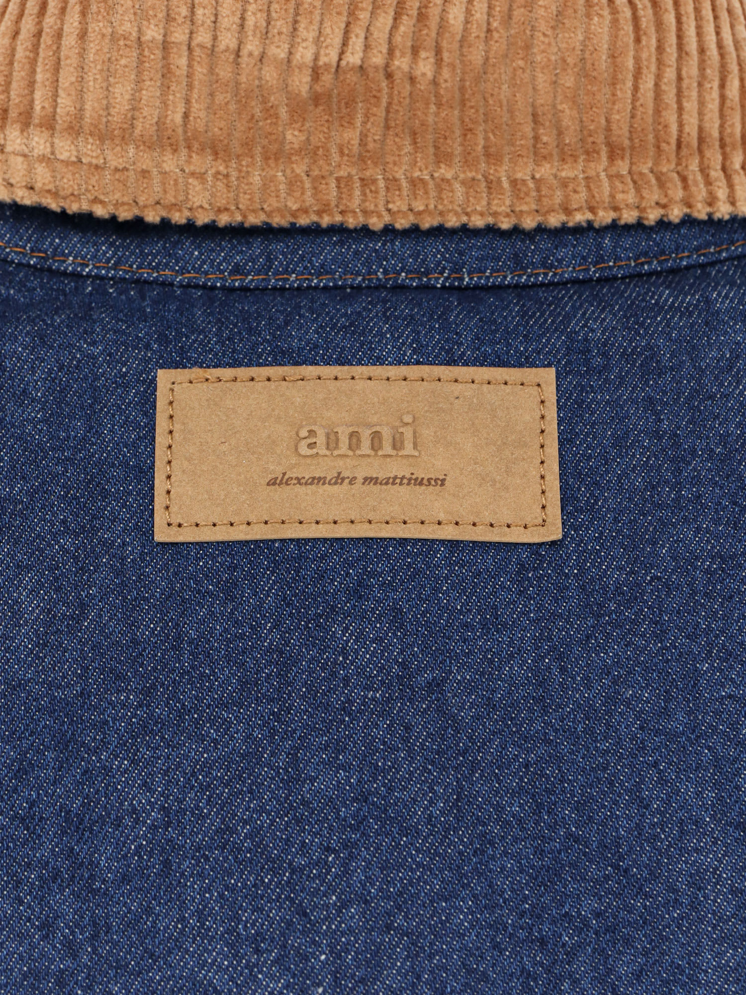 Ami Alexandre Mattiussi Dark Denim Jacket With Brown Corduroy Collar In Blue