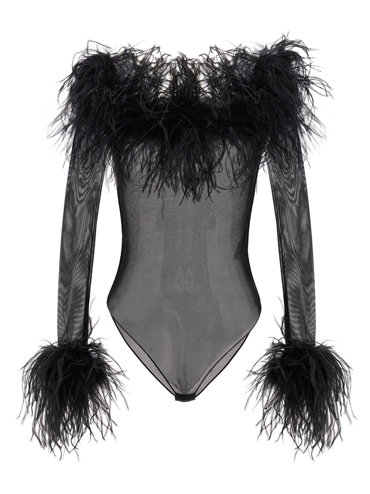 OSEREE PLUMAGE FEATHER-TRIM SHEER BODYSUIT
