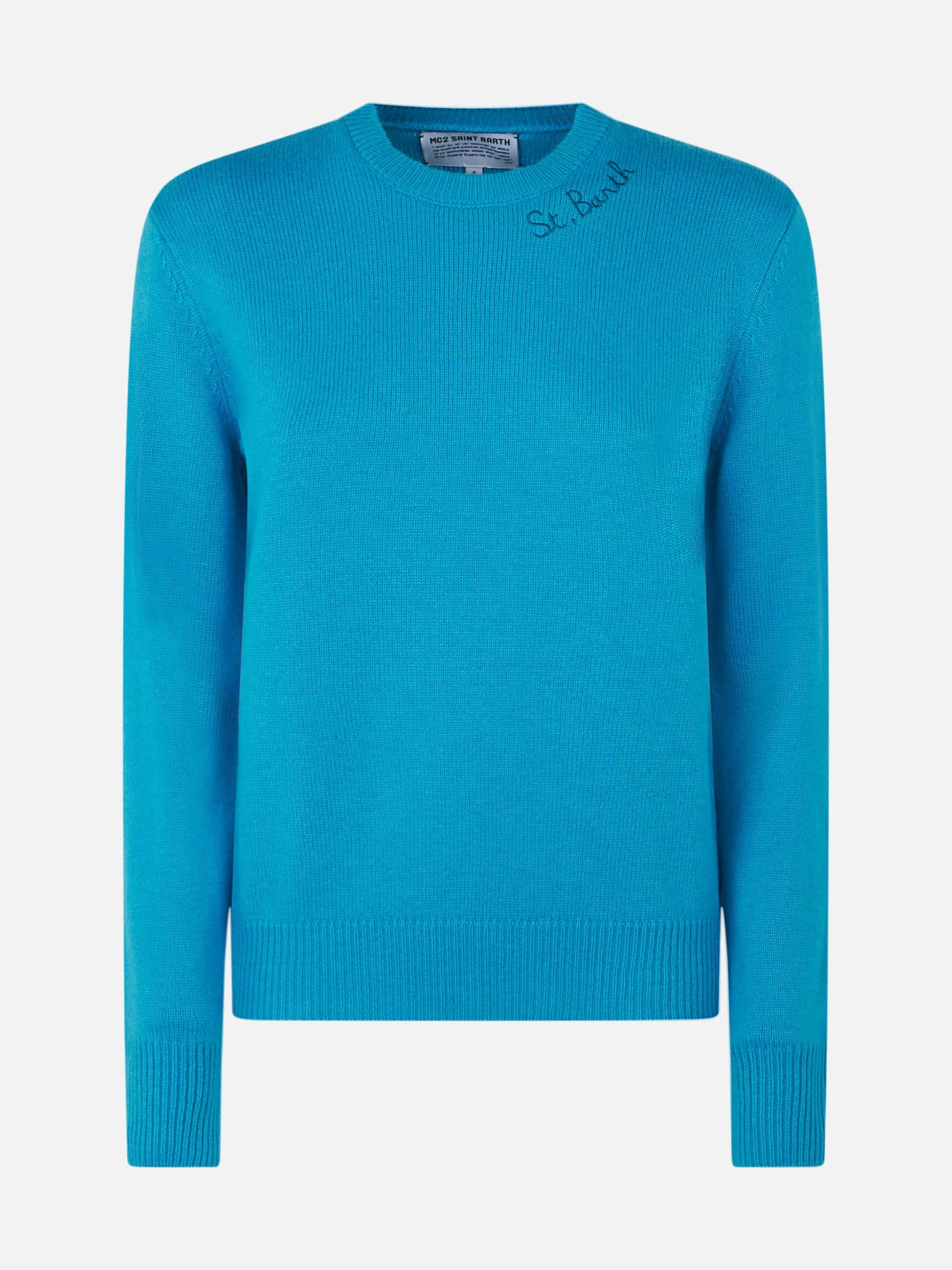Mc2 Saint Barth Woman Crewneck Turquoise Sweater With St. Barth Embroidery In Sky