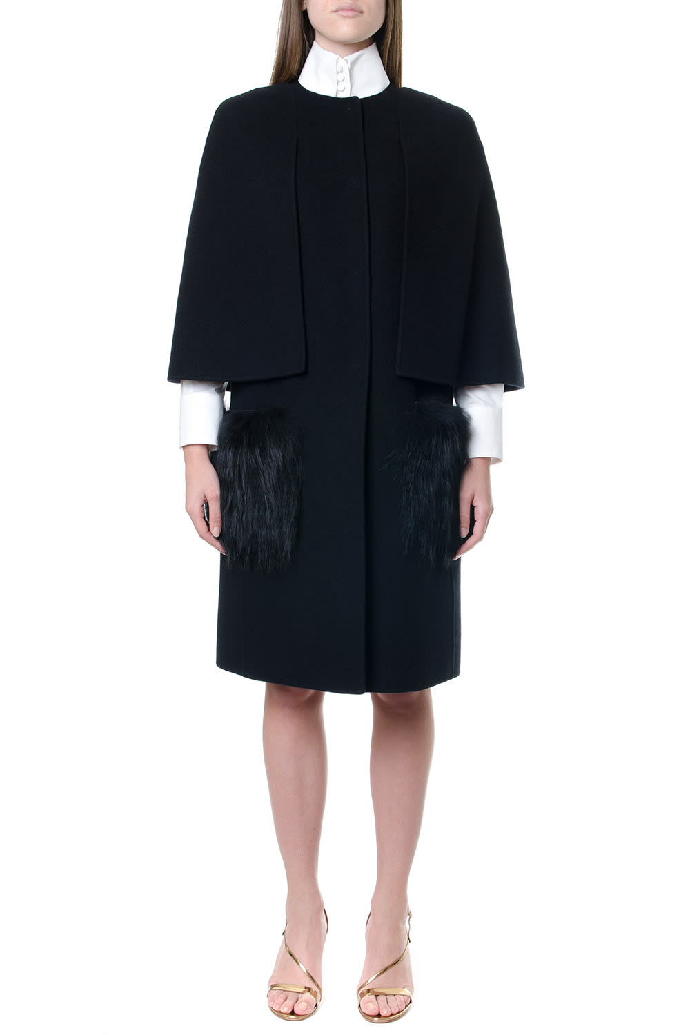 Fendi Black Virgin Wool Coat With Fox Fur Details