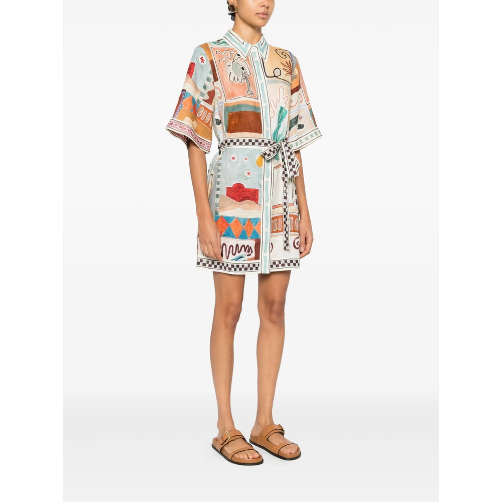 Alemais Michelle Printed Belted Linen Mini Shirt Dress In Multi