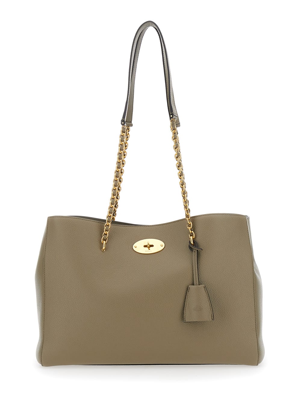 lily Small Green Shopper With Turn Closure And Chain Handles In Grained Leather Woman