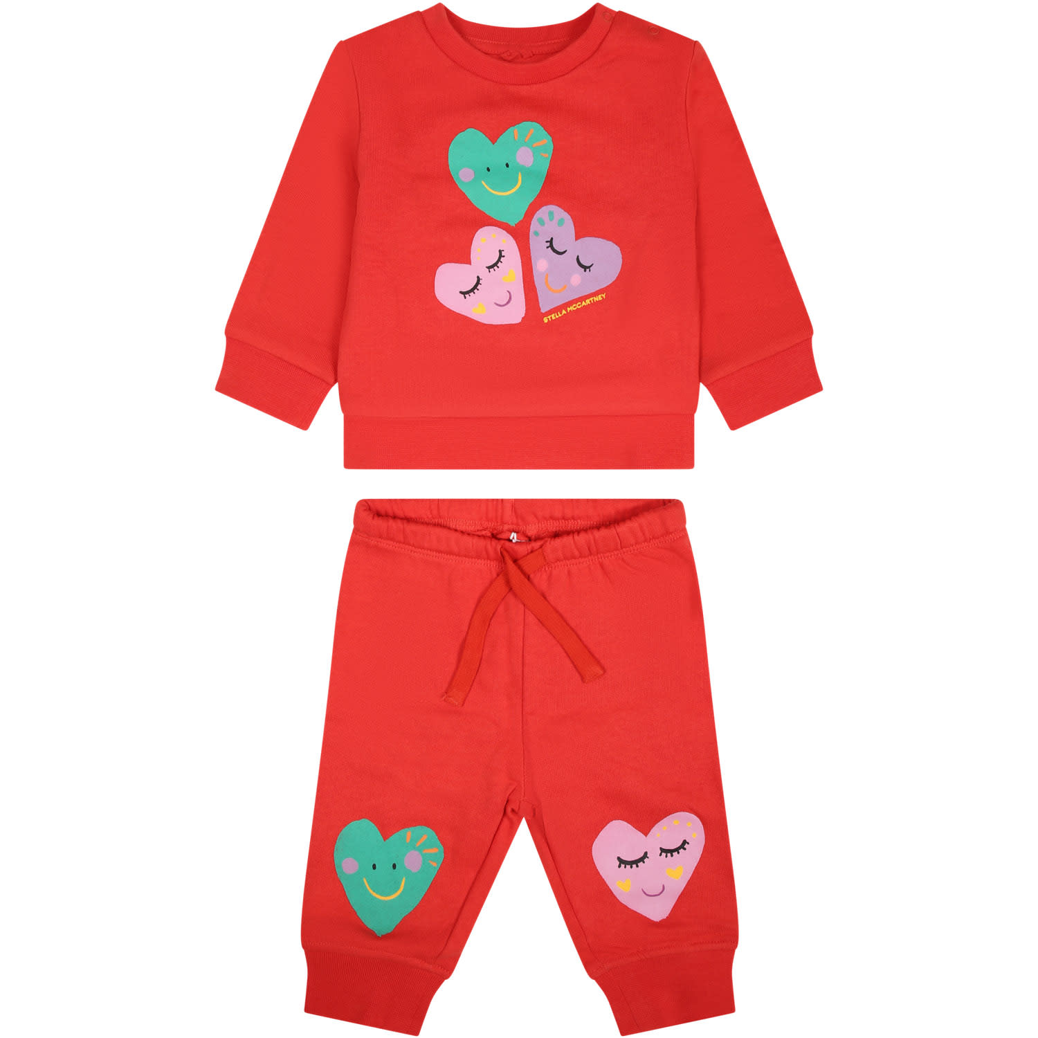 Stella Mccartney Red Set For Baby Girl With Multicolor Hearts
