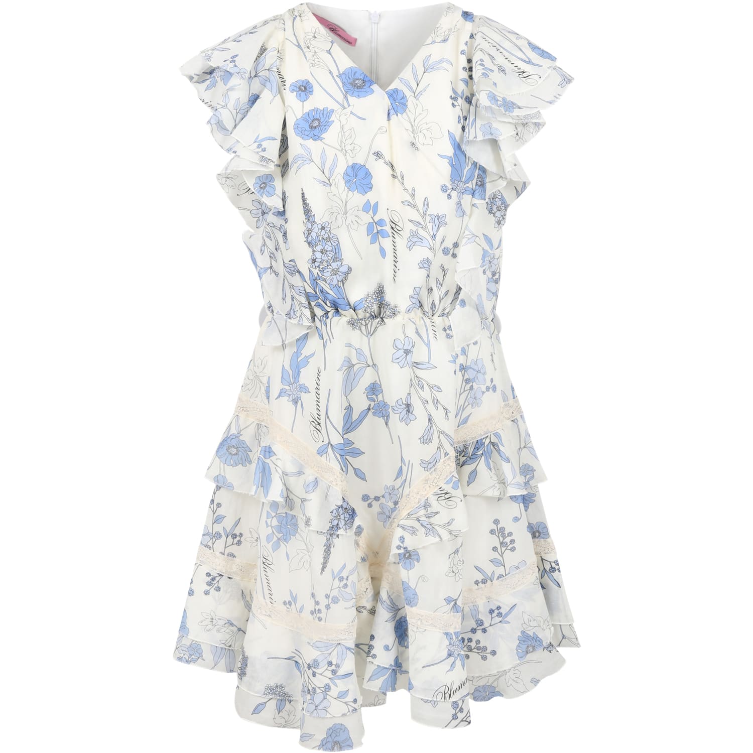 Blumarine Kids' White Dress For Girl With Floral Print And Logo