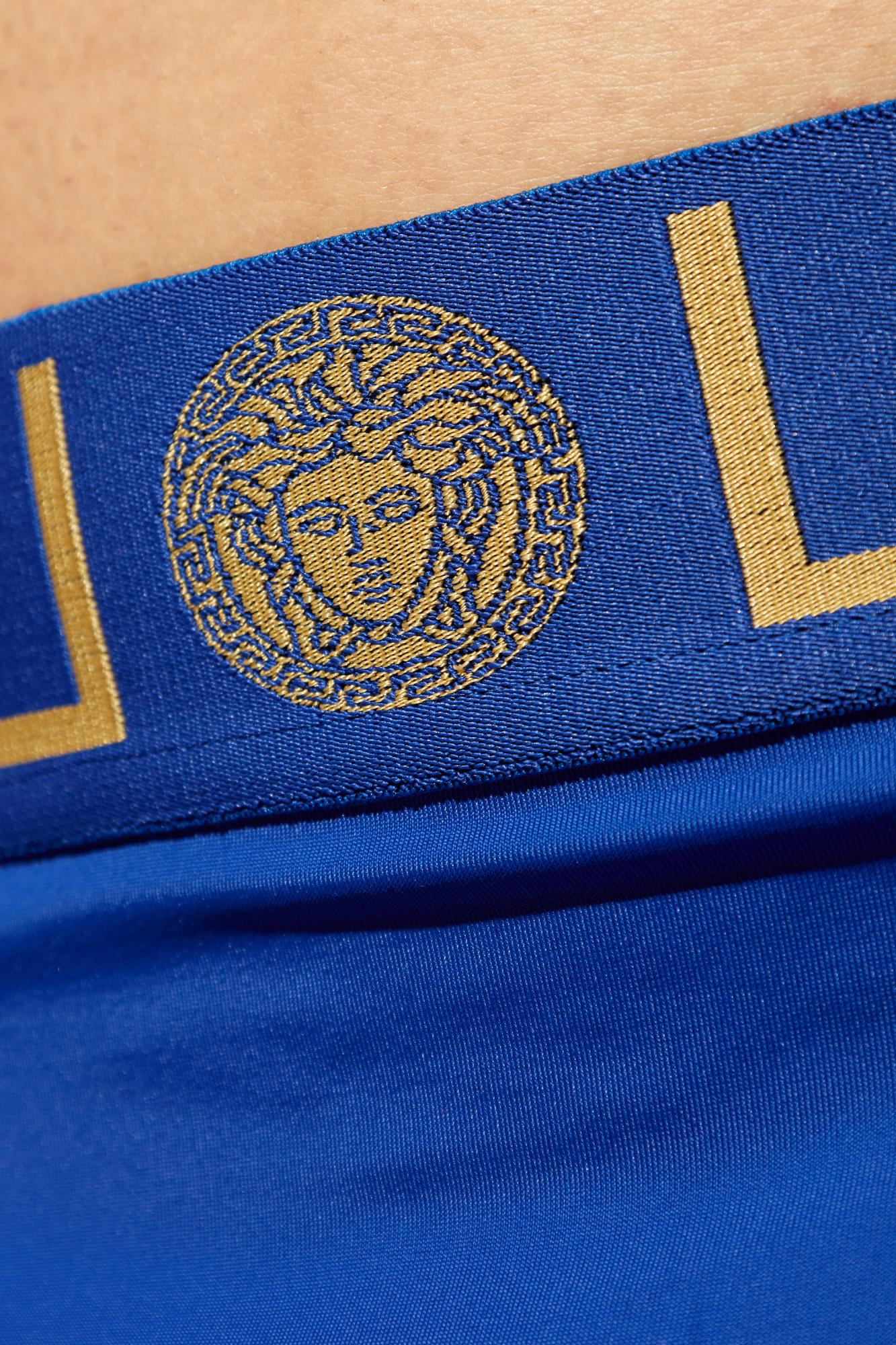 Shop Versace Swim Briefs In Blue/gold