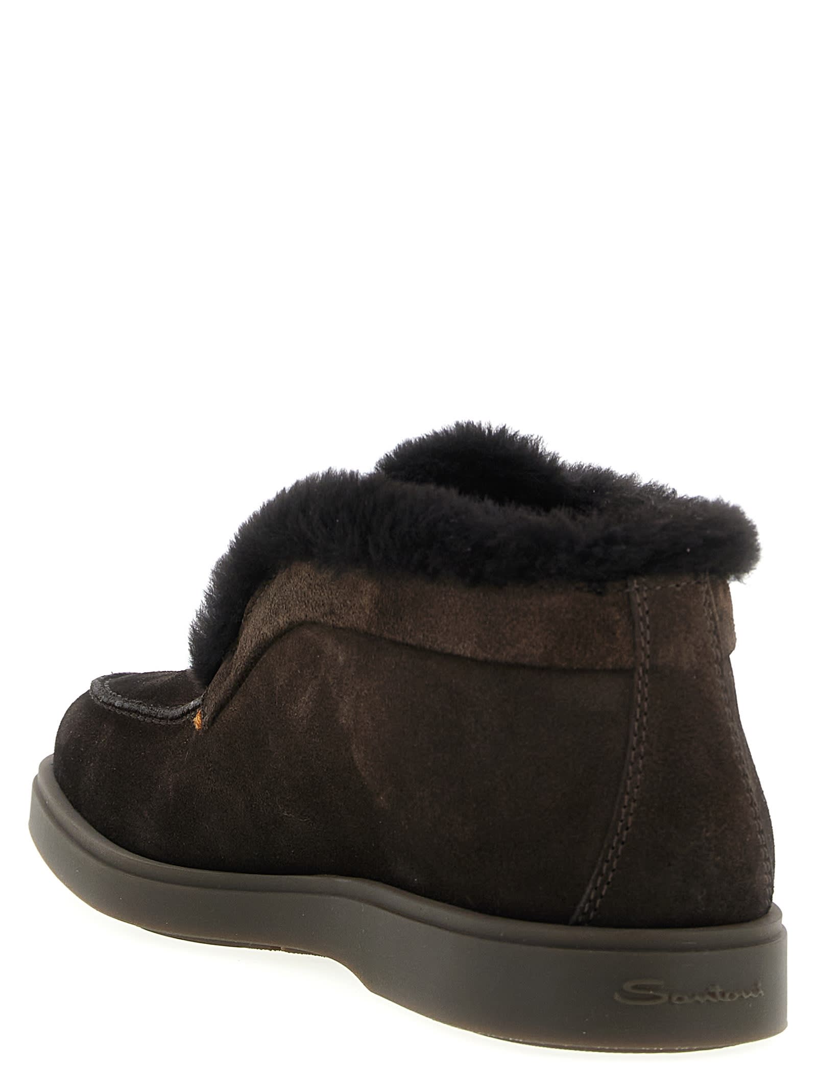 Santoni Suede Shearling Ankle Boots In Brown
