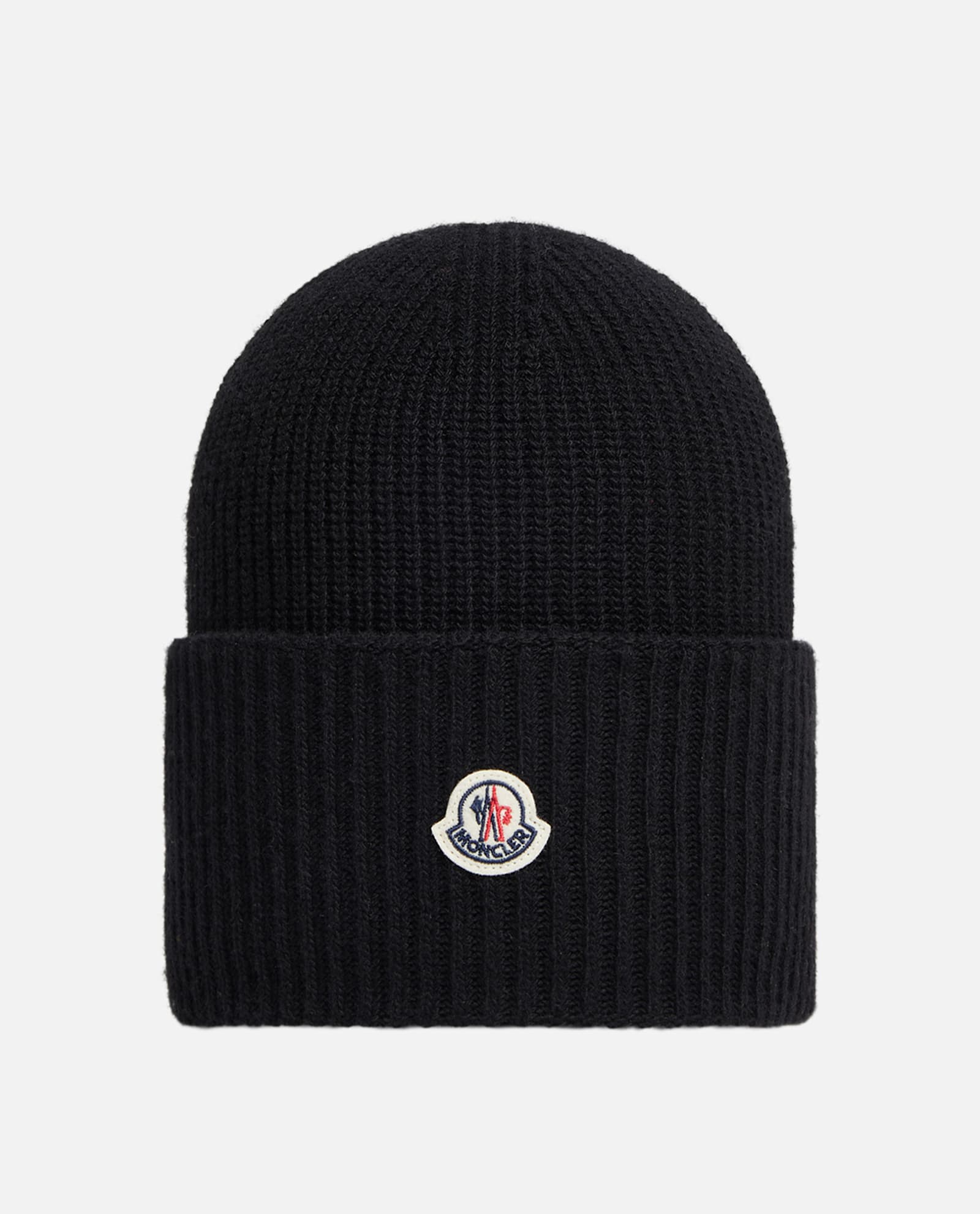 Moncler Black Ribbed Texture Logo Beanie Hat In Black