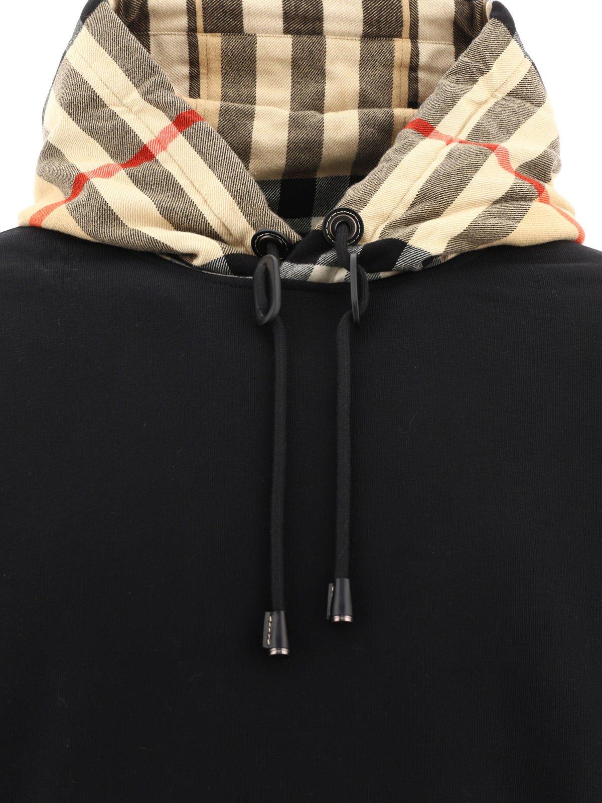 Shop Burberry Check Detailed Drawstring Hoodie In Black