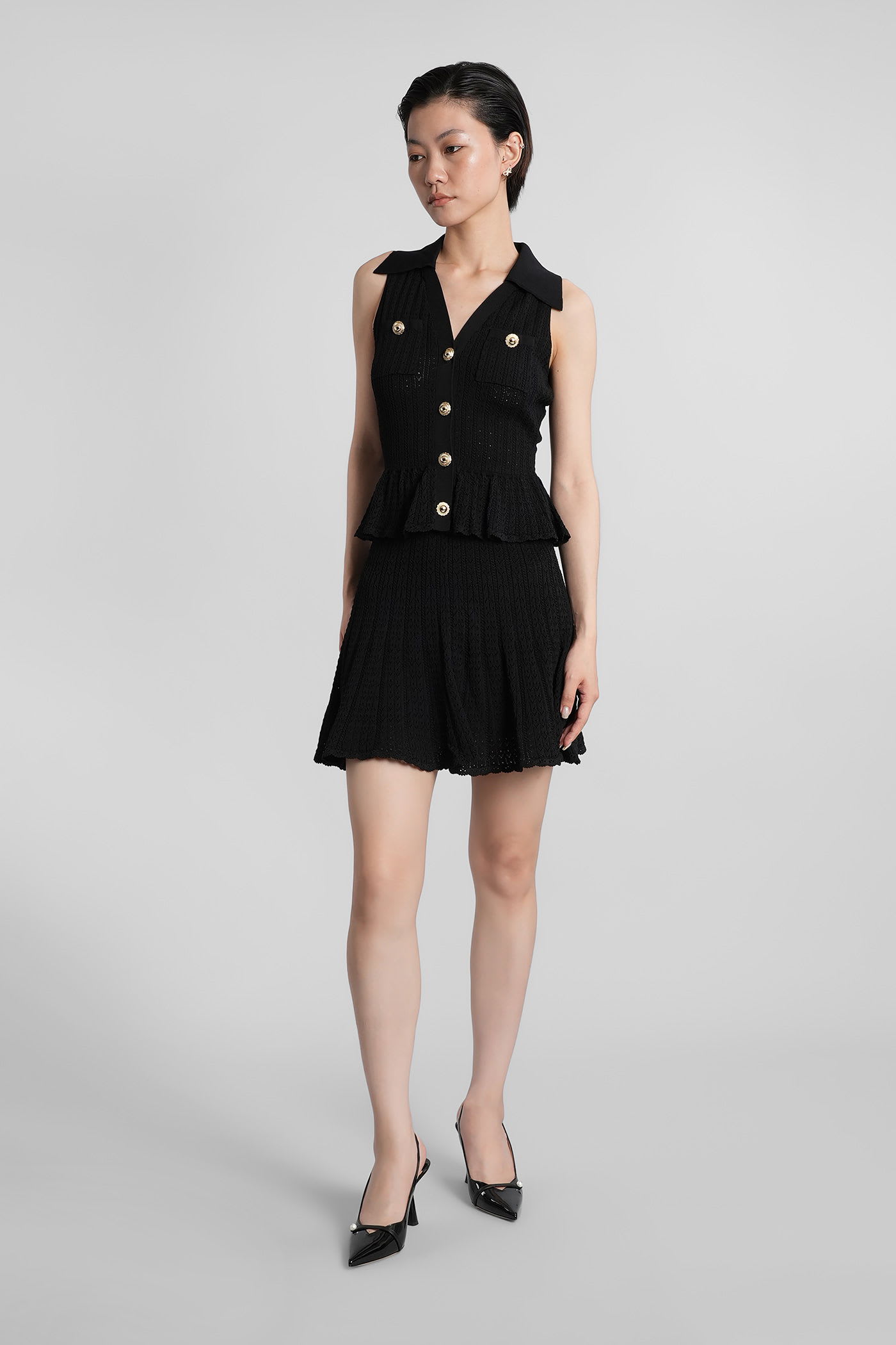 Self-portrait Self Portrait Short Dress In Openwork Knit With Jewel Buttons In Black