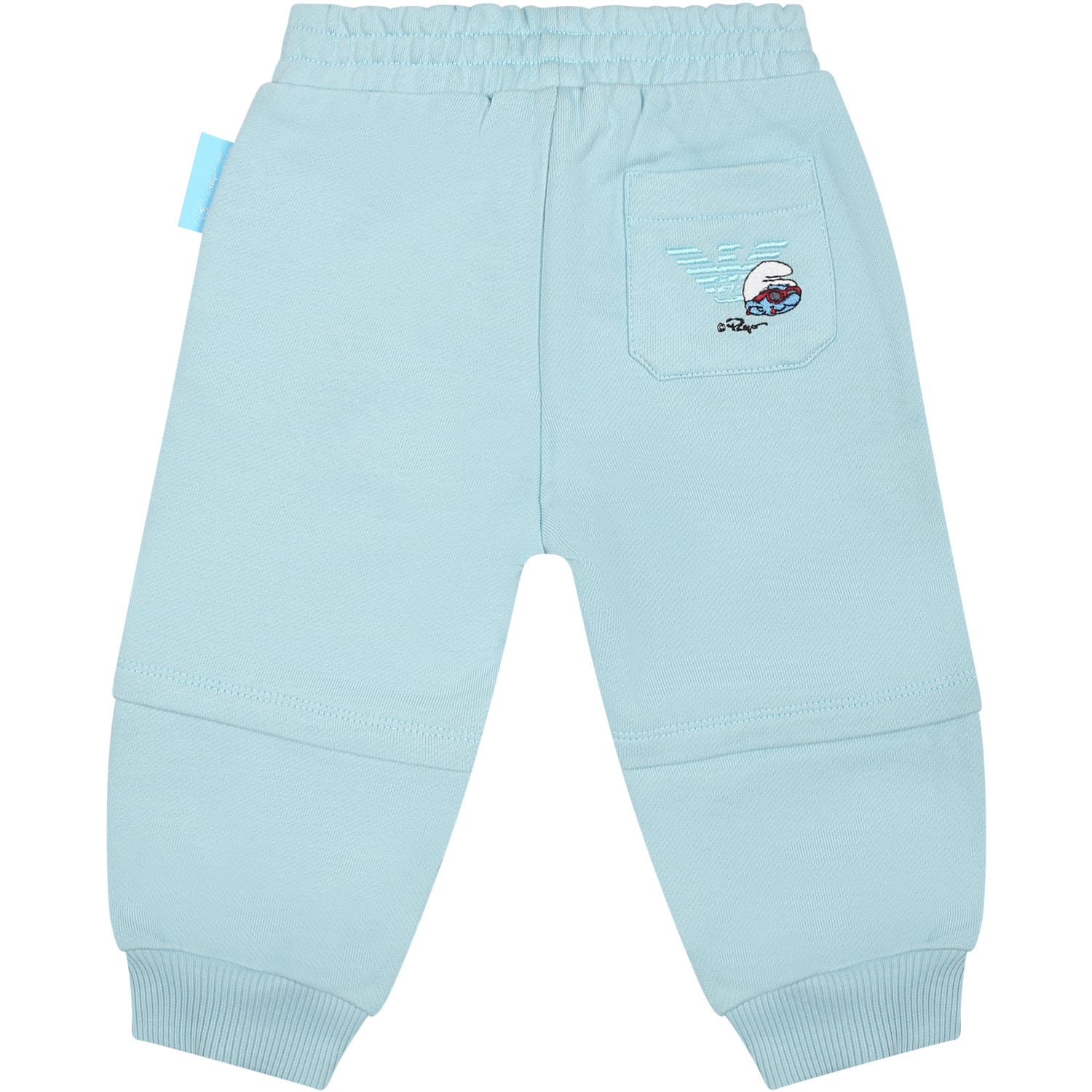 Shop Armani Collezioni Light Blue Trousers For Baby Boy With Smurf