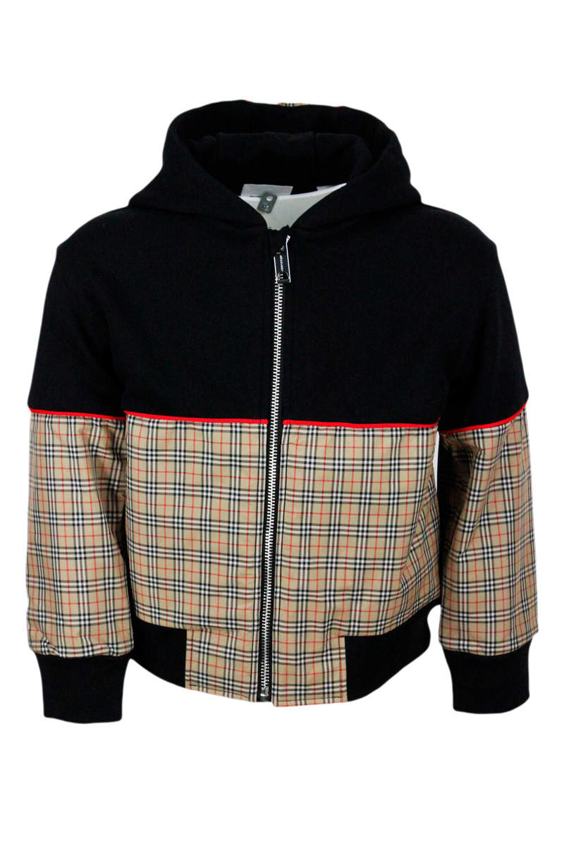 Burberry Sweatshirt With Zip And Hood In Terry-effect Cotton With Pattern And Check Inserts