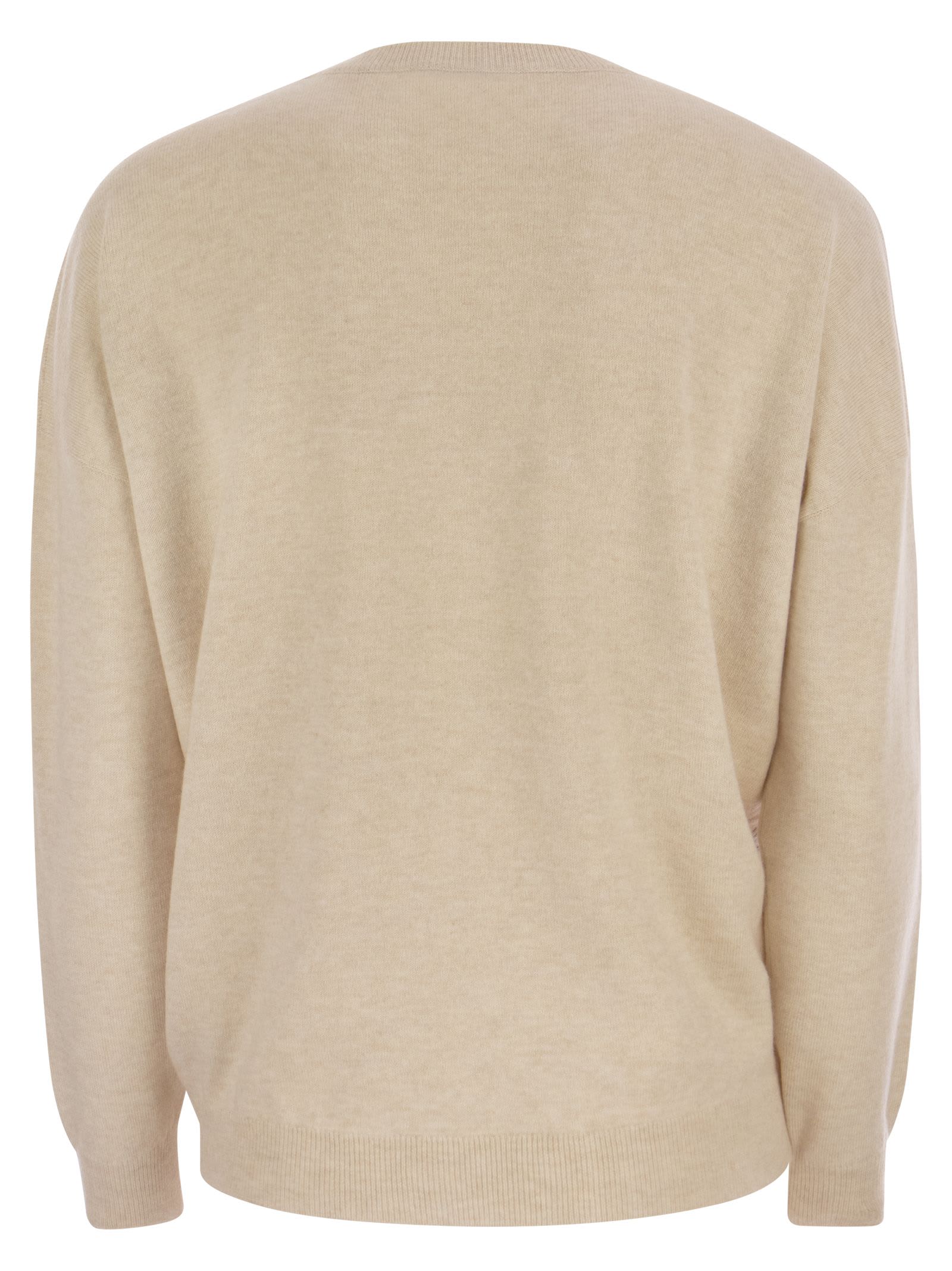 Brunello Cucinelli Crewneck Sweater In Fine Wool, Cashmere And Silk With Diamond Pattern In Sand