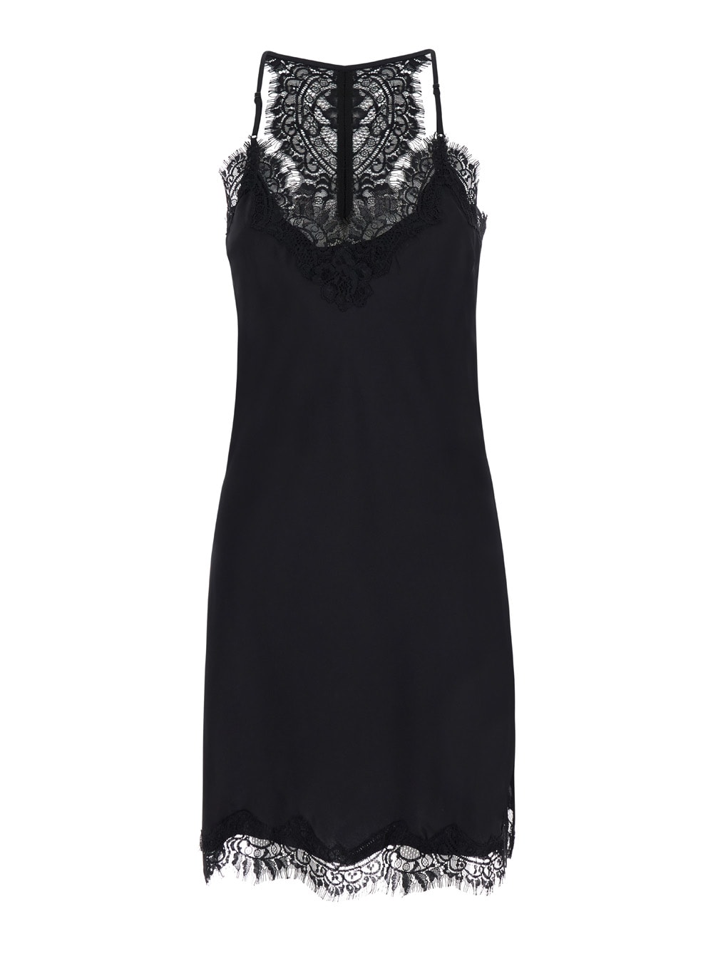 Mini Black Dress With Lace Trim And Racerback In Silk Woman