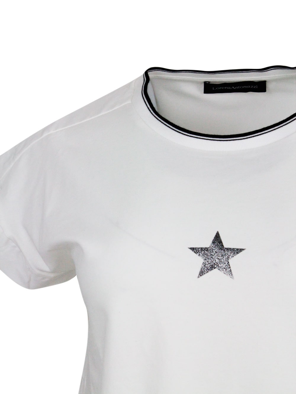 Shop Lorena Antoniazzi Short-sleeved Crew-neck T-shirt In Stretch Cotton With Lurex Star On The Front In Cream