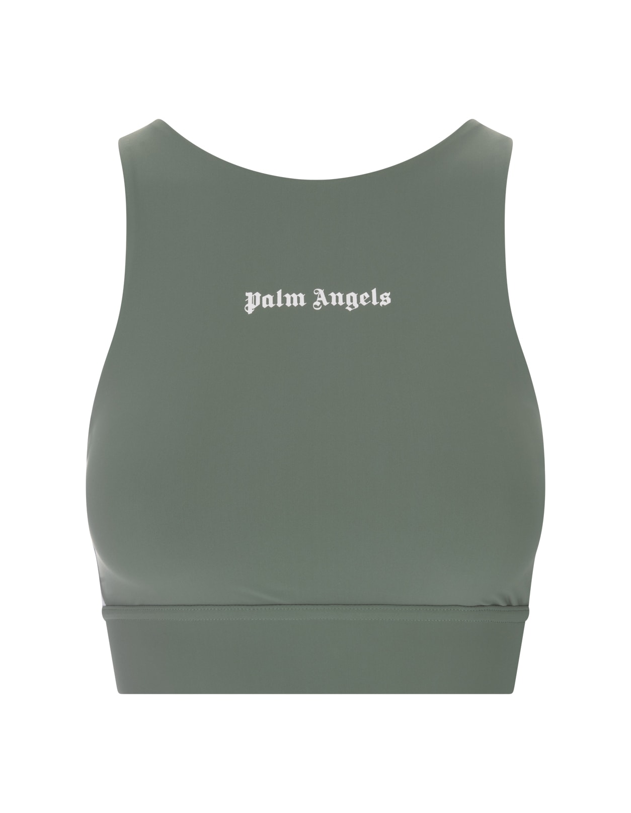 PALM ANGELS SAGE GREEN SPORTS TOP WITH LOGO AND SIDE BANDS IN CONTRAST