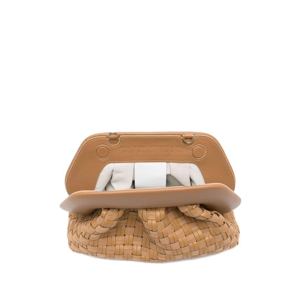Themoirè Tia Clutch Bag In Biscuit With Woven Suede Motif And Shoulder Strap In Neutral