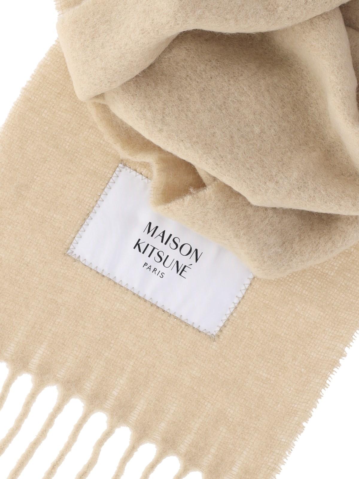 Shop Maison Kitsuné Large Scarf With Fringes In Beige